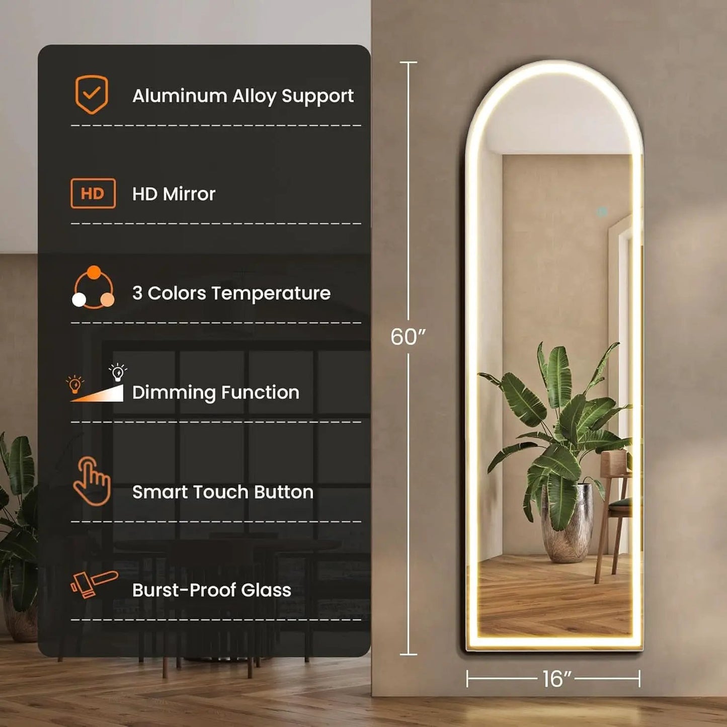 Arched Full Length LED Mirror 61x17 Inch Dimmable 3 Color Floor Stand from PriceLows™