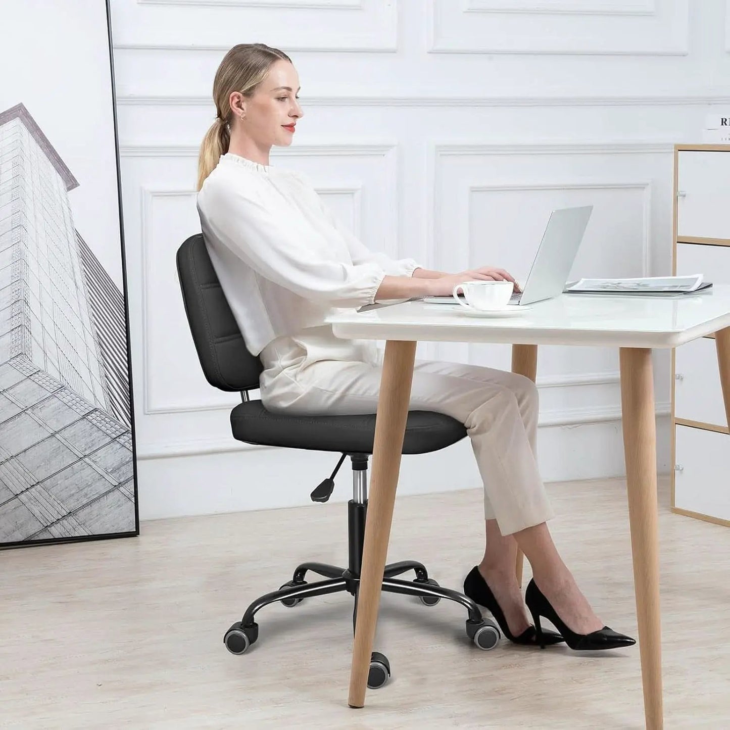 Armless Rolling Desk Chair Black Height Adjustable from PriceLows™