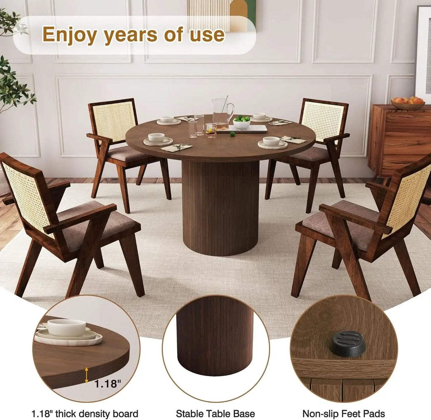 Round Dining Table For 4 Walnut 47 Inch Modern Farmhouse from PriceLows™