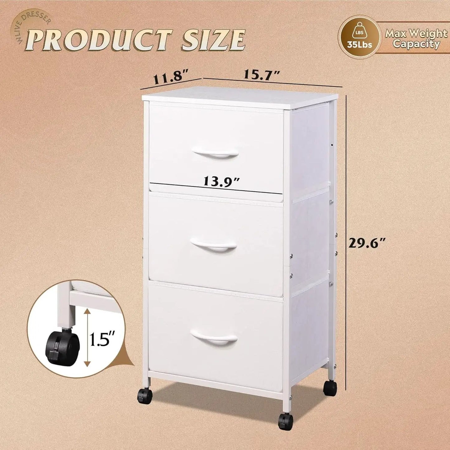 White Dresser With 3 Drawers And Wheels Wood Top Storage from PriceLows™