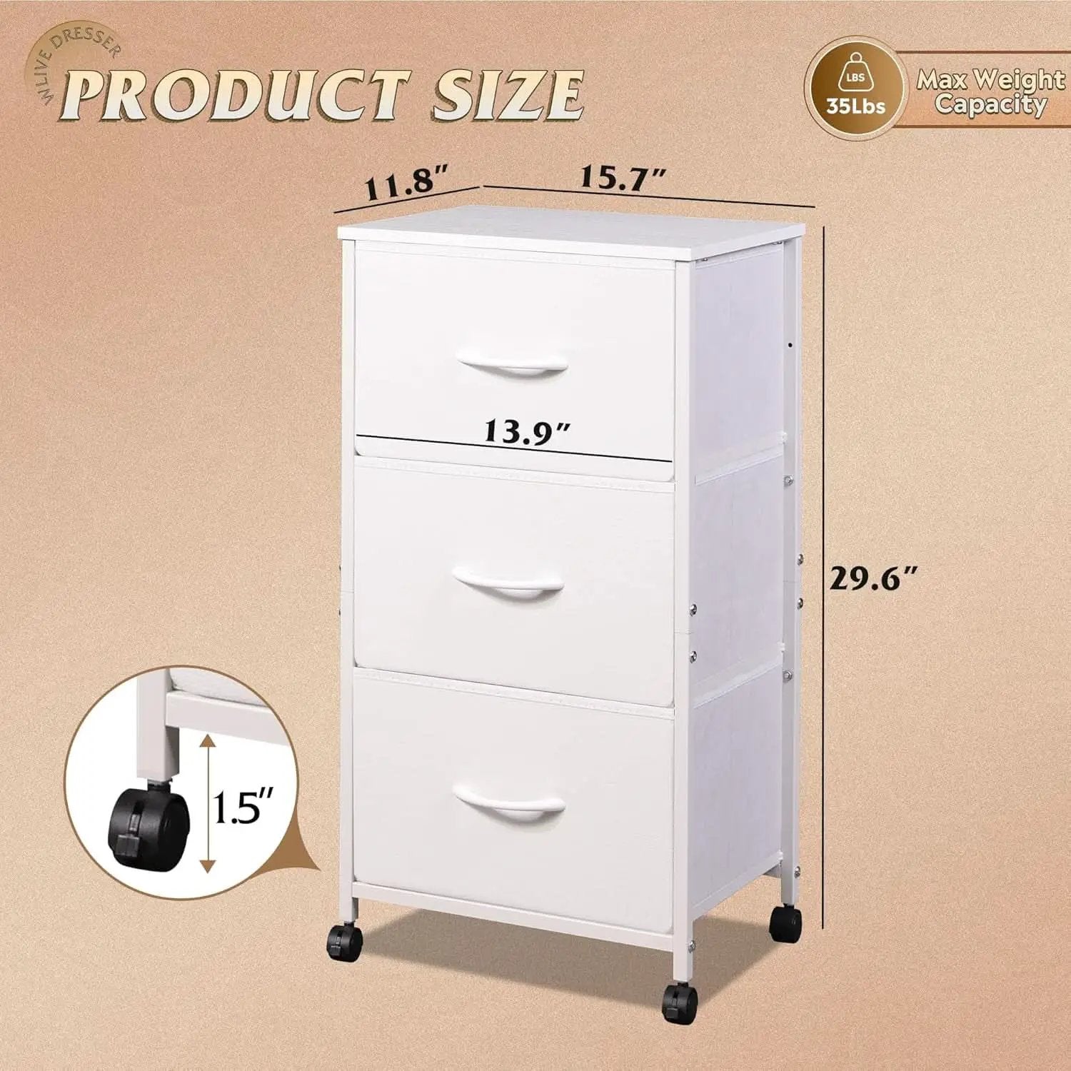 White Dresser With 3 Drawers And Wheels Wood Top Storage from PriceLows™