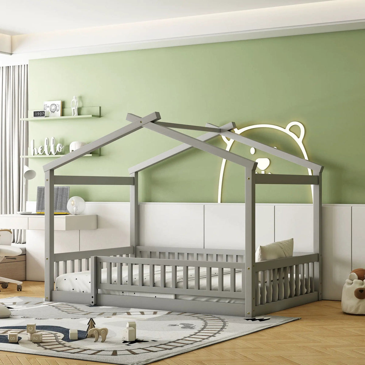 Kids Bed Frame | Playhouse Design | Roof And Fence | Toddler Size