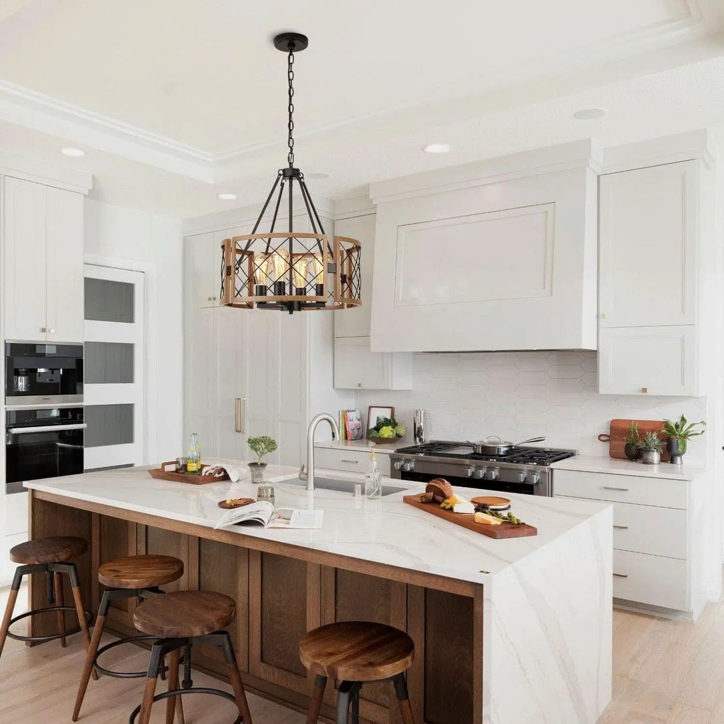 D19 Inch Farmhouse Chandelier 4 Light Pendant Black Oak from PriceLows™