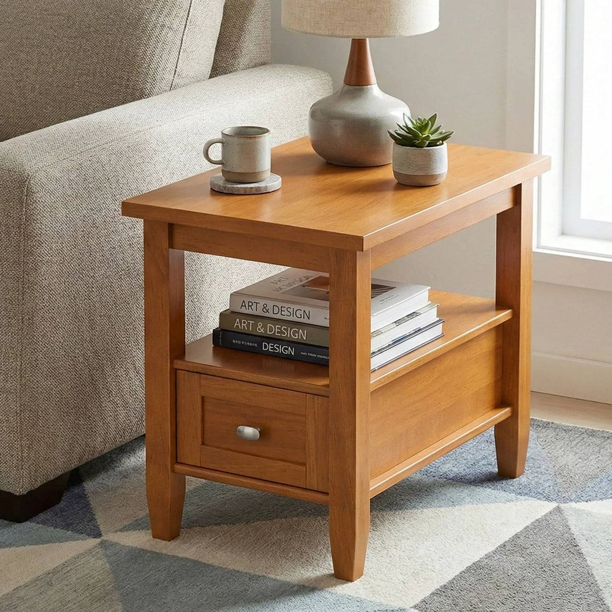 Warm Shaker Solid Wood Table | Bottom Drawer | Open Shelf Storage