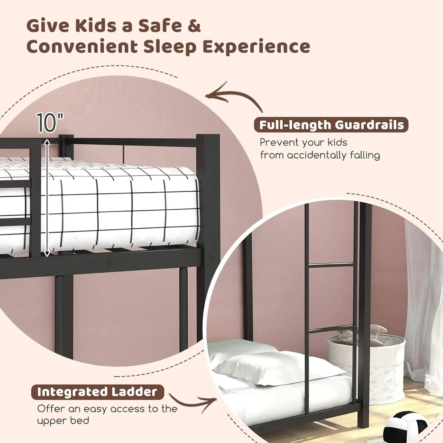Metal Bunk Bed Twin Over Twin With Safety Guard Rails from PriceLows™
