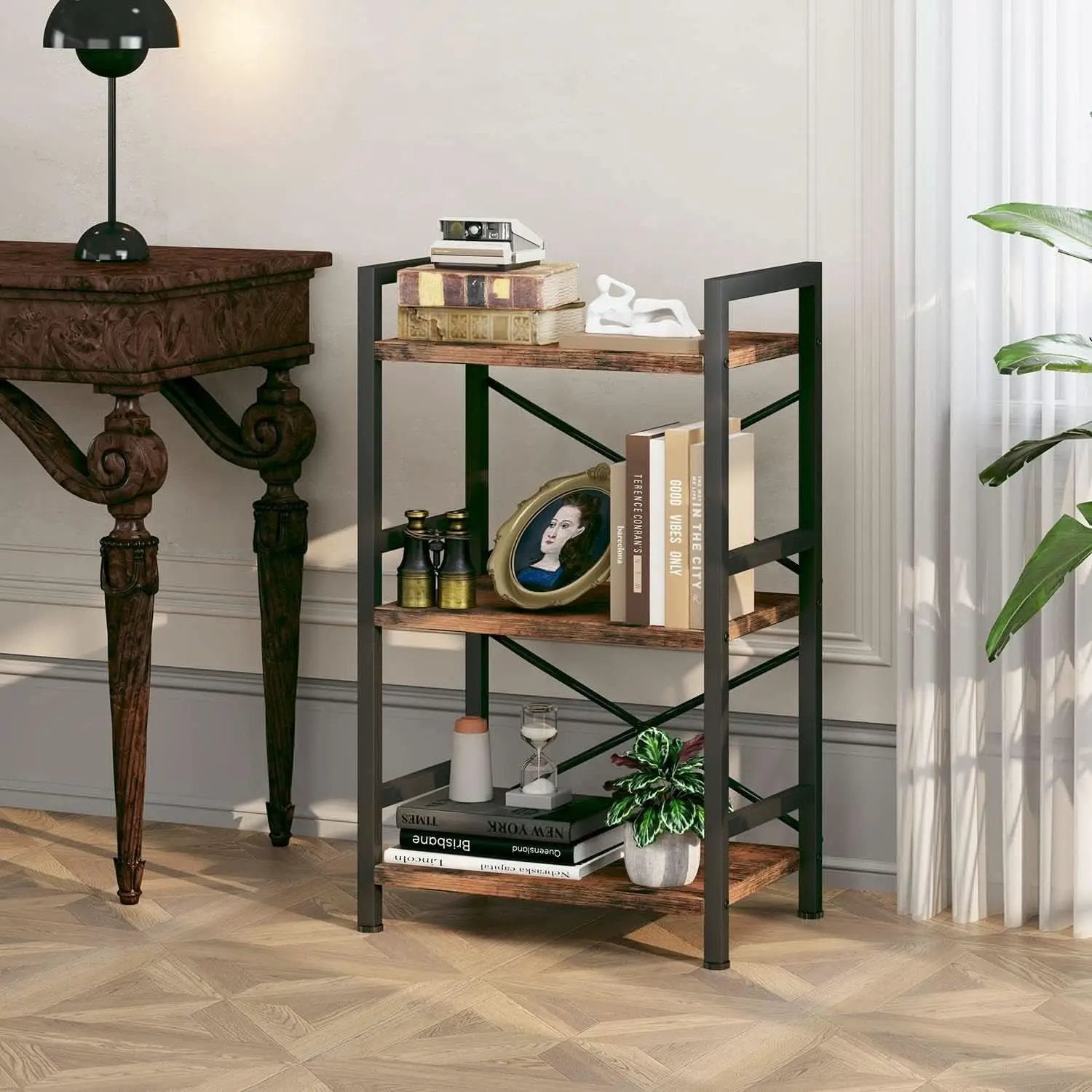Rustic Brown 3 Tier Metal Bookshelf For Living Room from PriceLows™