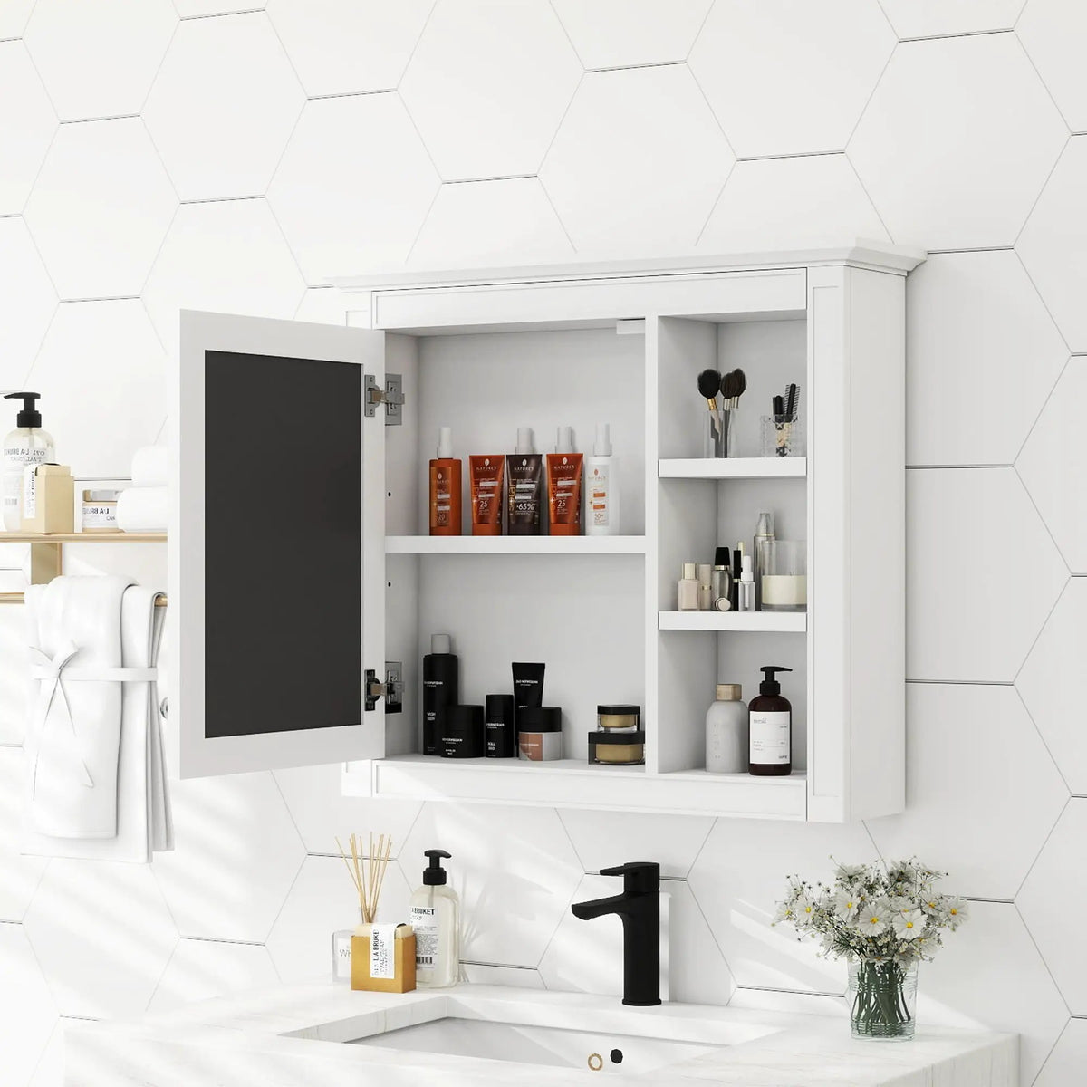Modern Wall Mounted Medicine Cabinet | 3 Open Shelves | Mirror Door