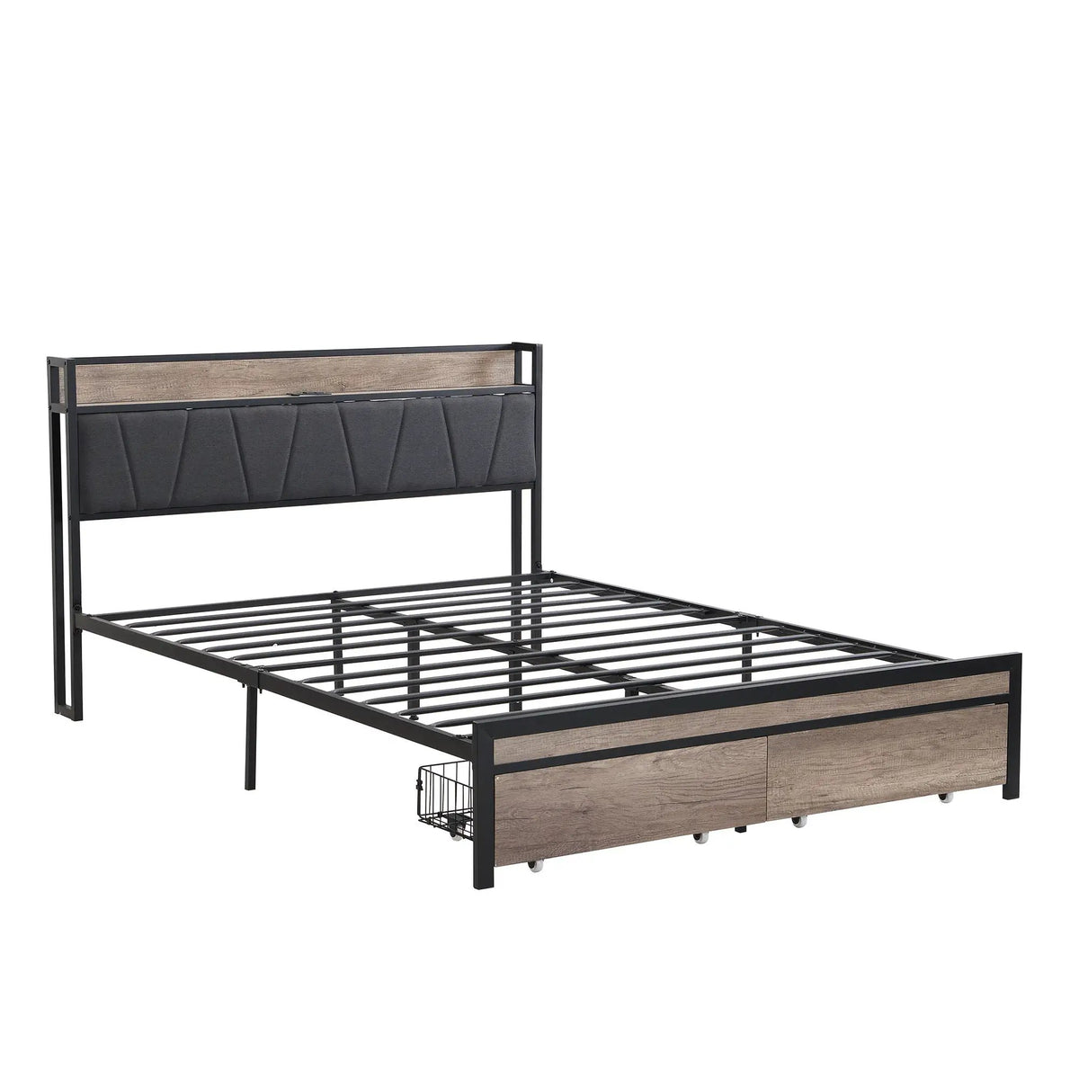 Modern Storage Bed Frame | LED Lights With Remote | Upholstered Headboard | USB Charging Station