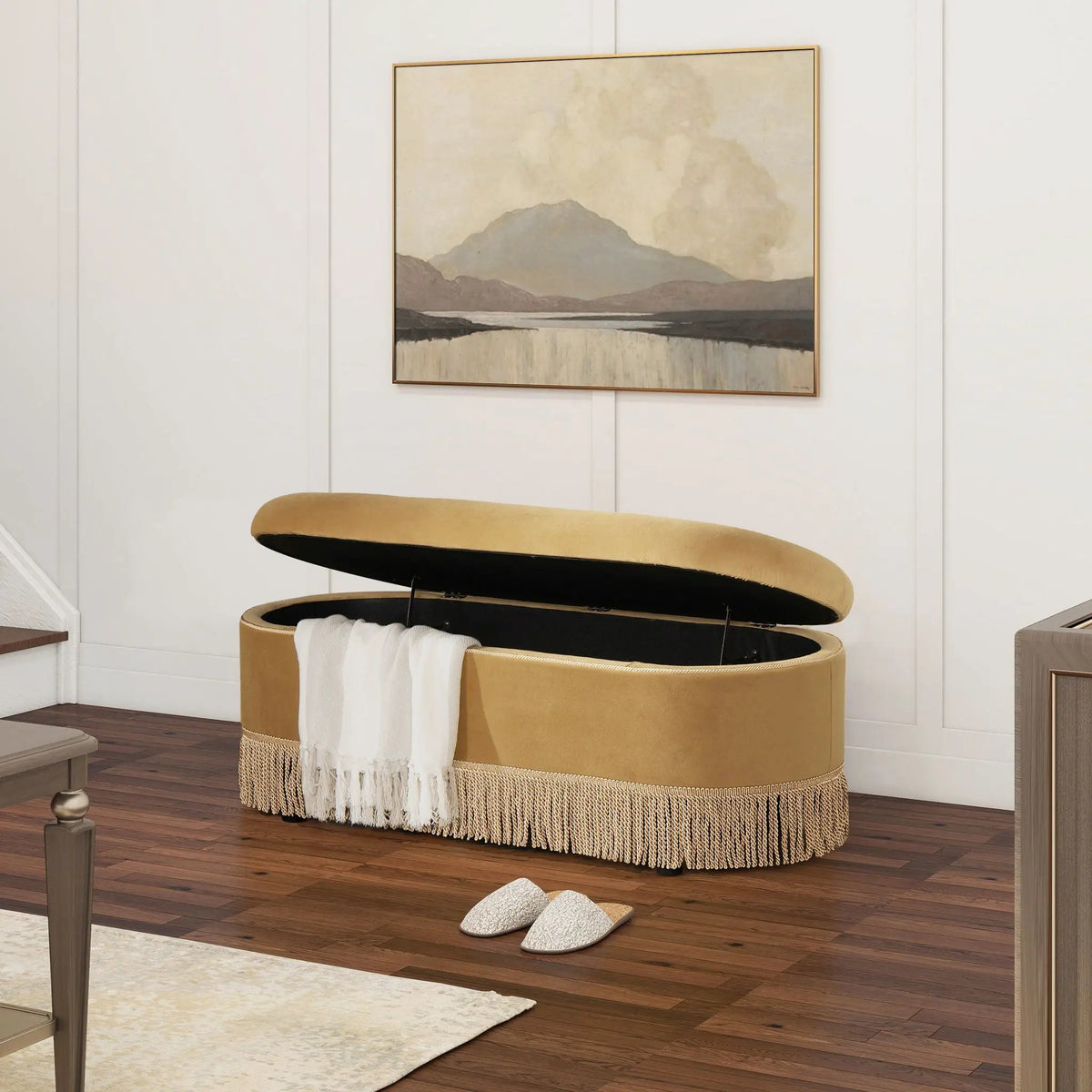Melinda Oval Storage Bench | Button Tufted Seat | Bullion Fringe | Flip-Top Compartment