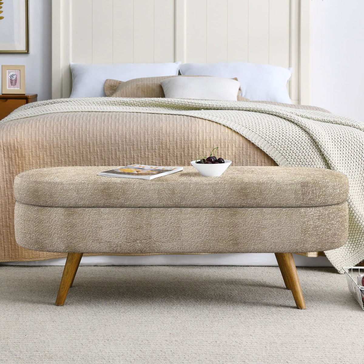 Oval Storage Ottoman Bench | Rubber Wood Legs | Pleated Dark Fabric | Footstool Or Extra Seating