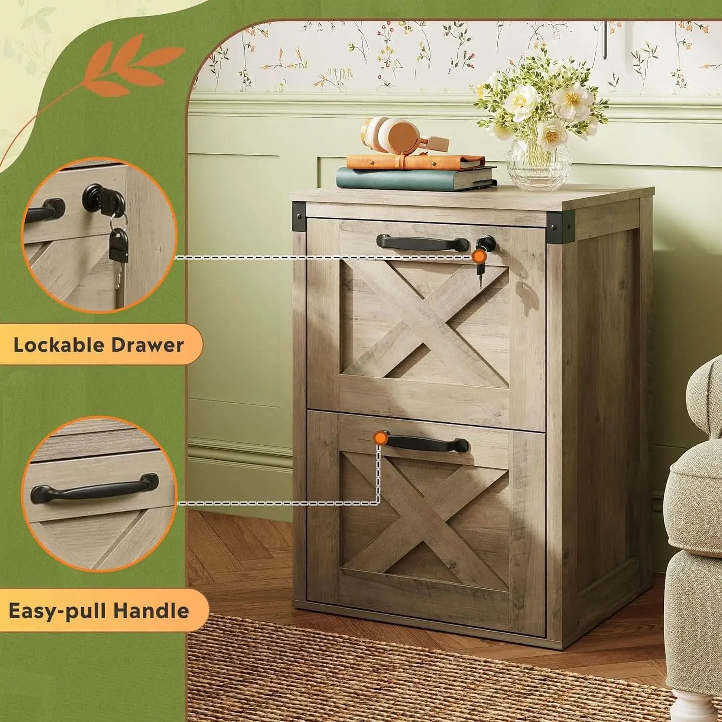 2 Drawer File Cabinet With Lock Gray Oak Farmhouse Home Office Printer Stand Fits Letter A4 from PriceLows™