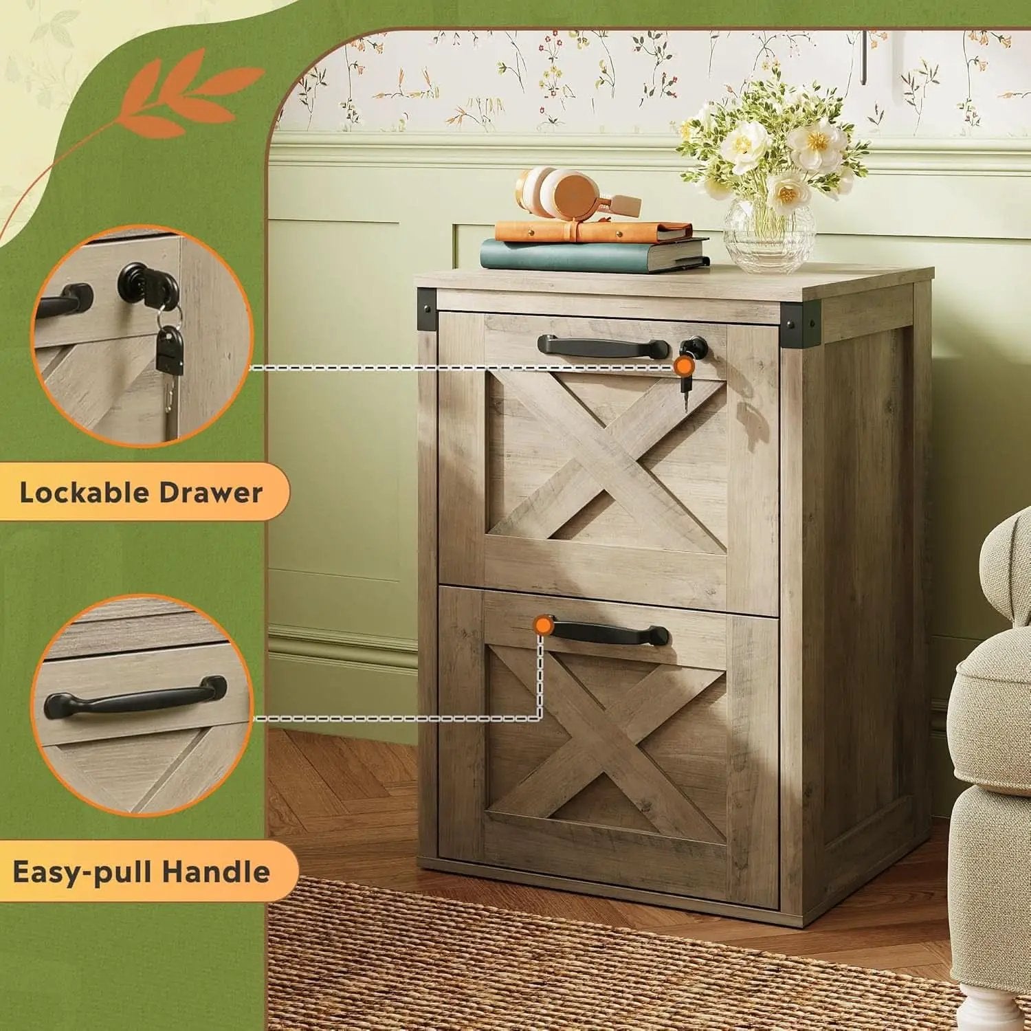 2 Drawer File Cabinet With Lock Gray Oak Farmhouse Home Office Printer Stand Fits Letter A4 from PriceLows™