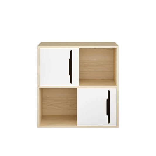Storage Cabinet With Sliding Doors, 2 Tier Open And Closed Shelves Organizer Natural | 23.62 x 11.81 x 23.62 in | Mdf & Wood | White