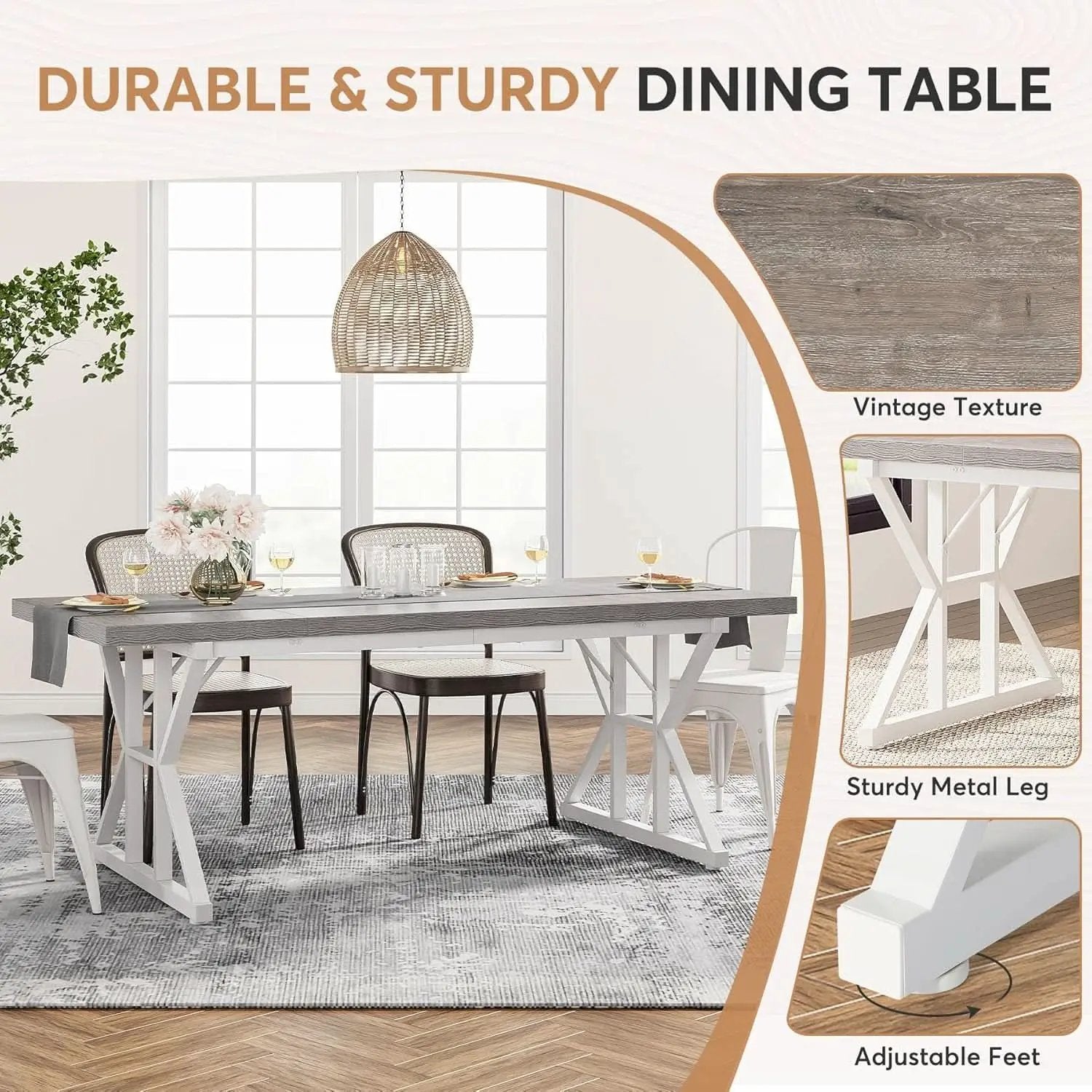 Farmhouse 6 Person Dining Table 70.8 Inch Grey Wood Table from PriceLows™