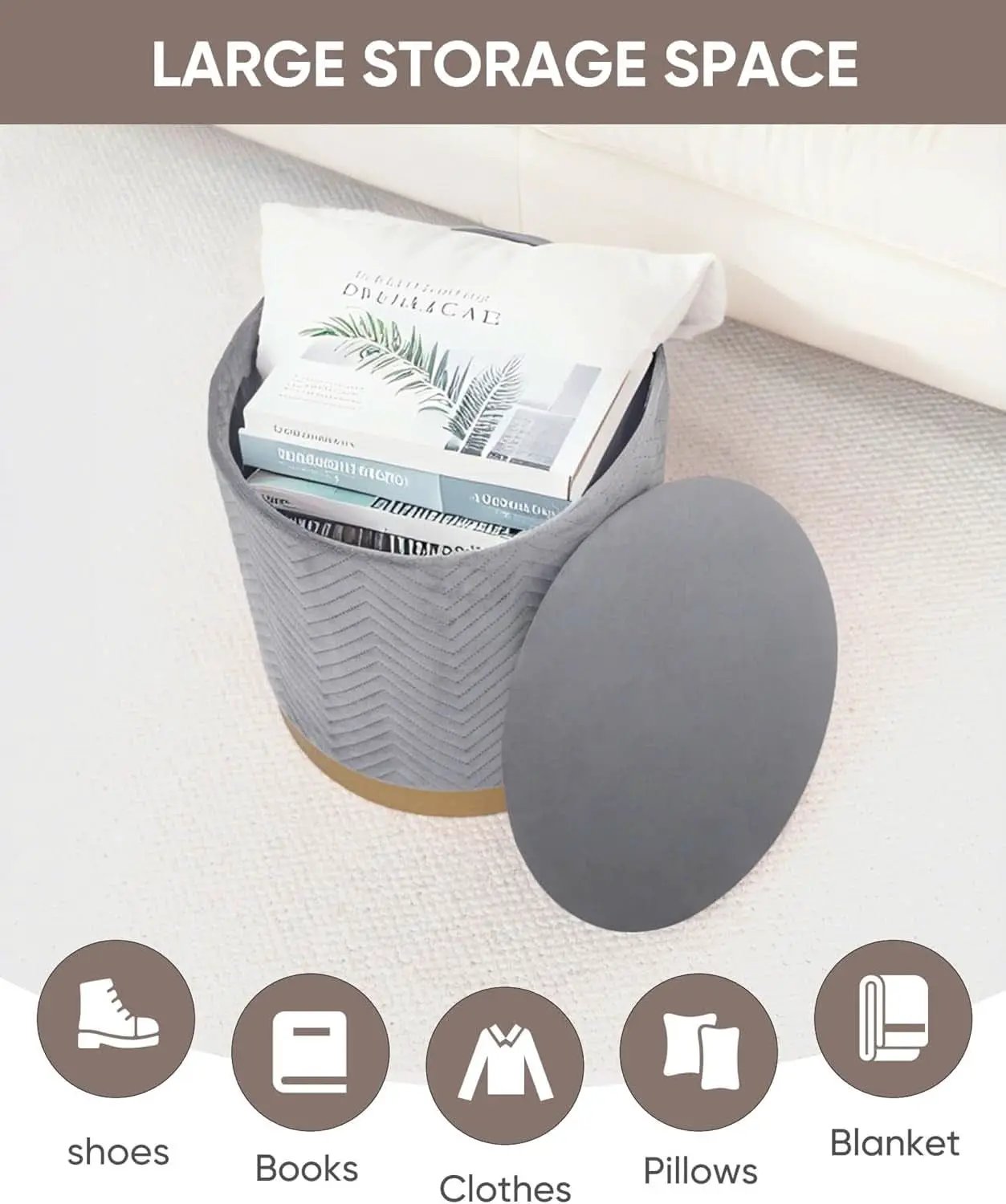 Grey Velvet Circular Storage Ottoman Golden Accents from PriceLows™