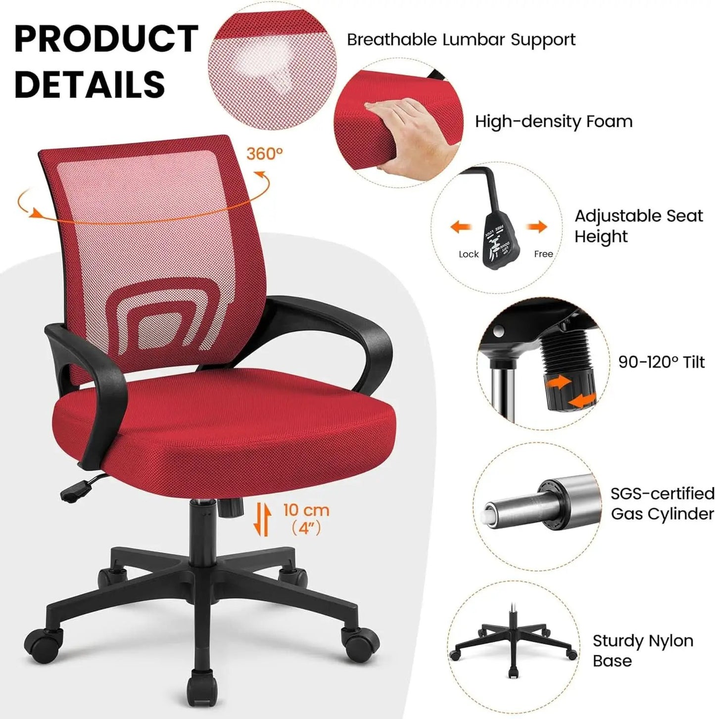 Ergonomic Red Mesh Office Chair With Lumbar Support from PriceLows™