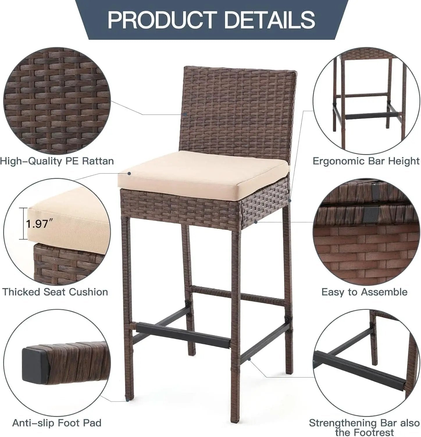 Outdoor Rattan Bar Stools Set with Cushions Comfort from PriceLows™
