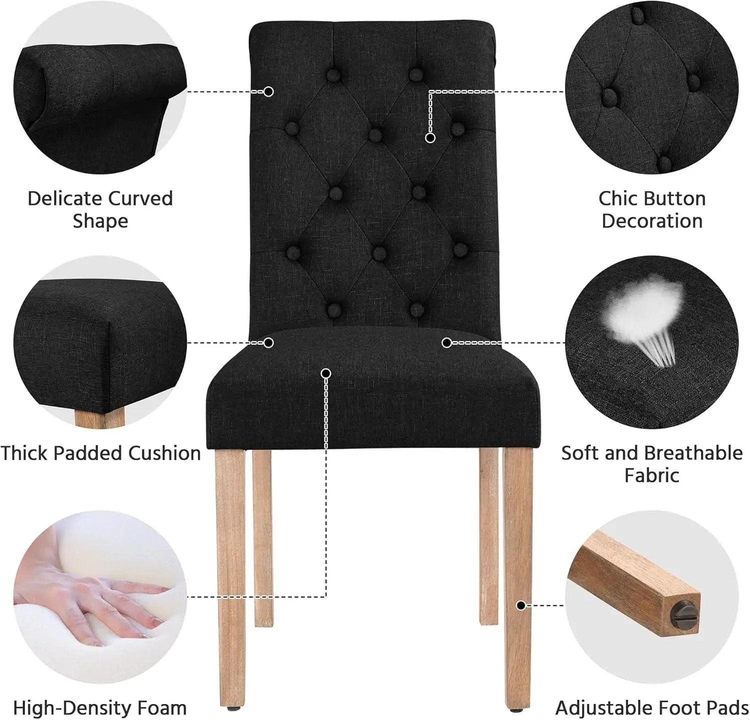 Tufted Upholstered Dining Chair Pair With Solid Wood Legs Black from PriceLows™