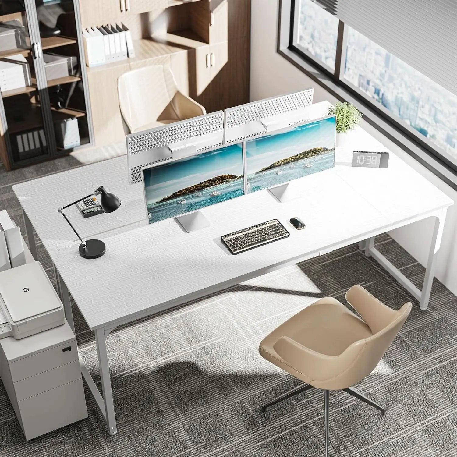 80 Inch White Computer Desk With Storage Metal Frame from PriceLows™