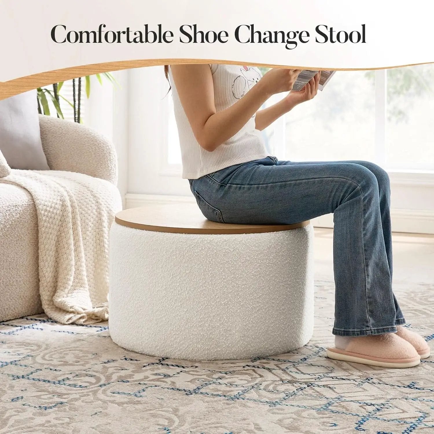 Circular Storage Ottoman With Wooden Lid Upholstered from PriceLows™