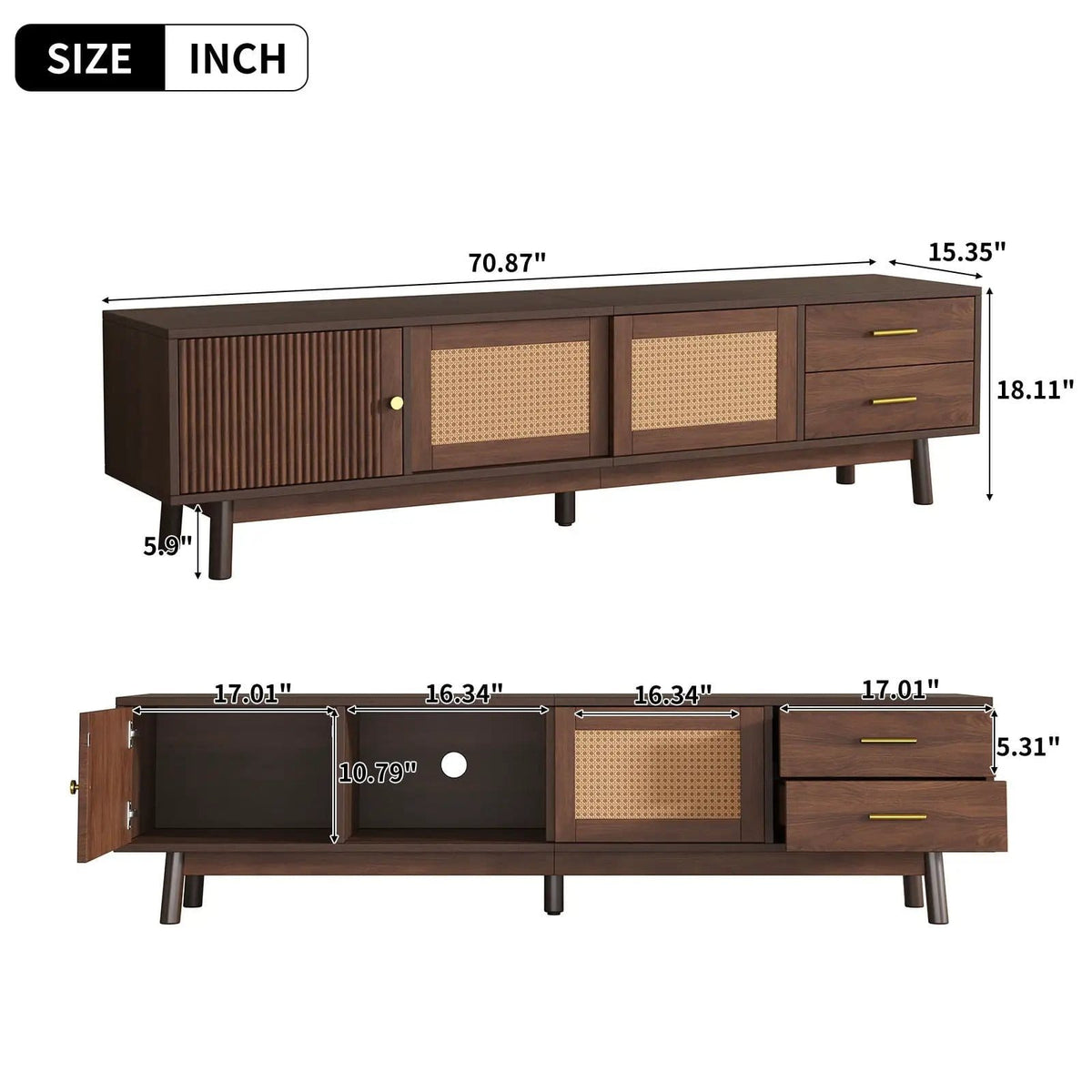 80 Inch TV Stand | Sliding Doors And Drawers | Interwoven Rattan Design | Metal Handles