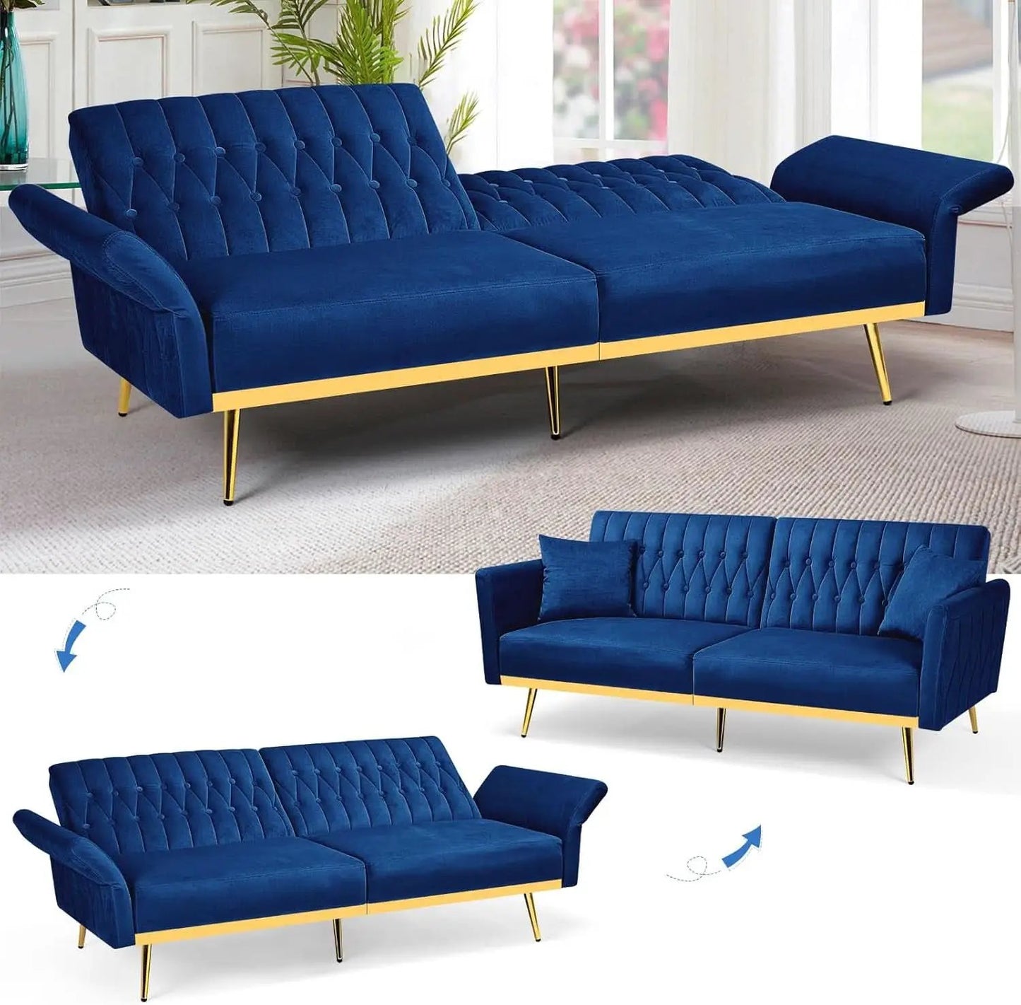 Velvet Futon Sofa Set Two Piece With Convertible Sofa Bed And Tufted Accent Chair In Blue from PriceLows™