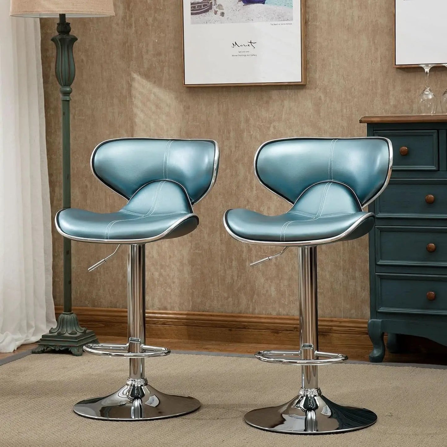 Blue Cushioned Leatherette Barstools Set Of 2 With Airlift Height And Swivel from PriceLows™