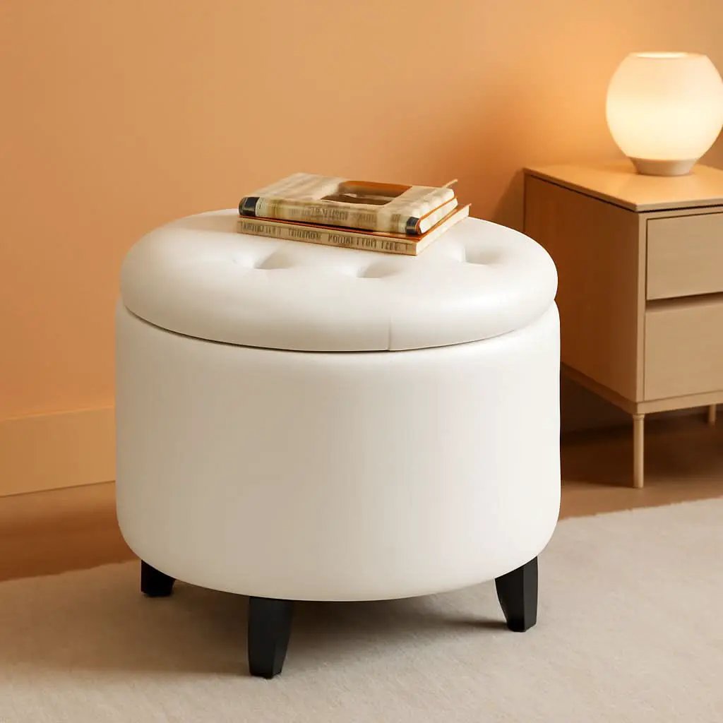 Round Storage Ottoman Ivory Faux Leather Nineteen Point Seven Five Inches from PriceLows™