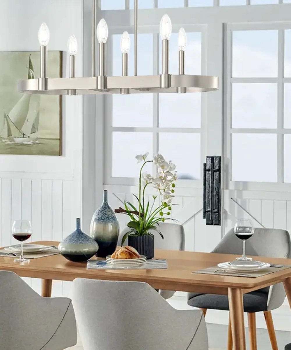 Linear Farmhouse Chandelier | 6 Light | 28 Inch | Brushed Nickel