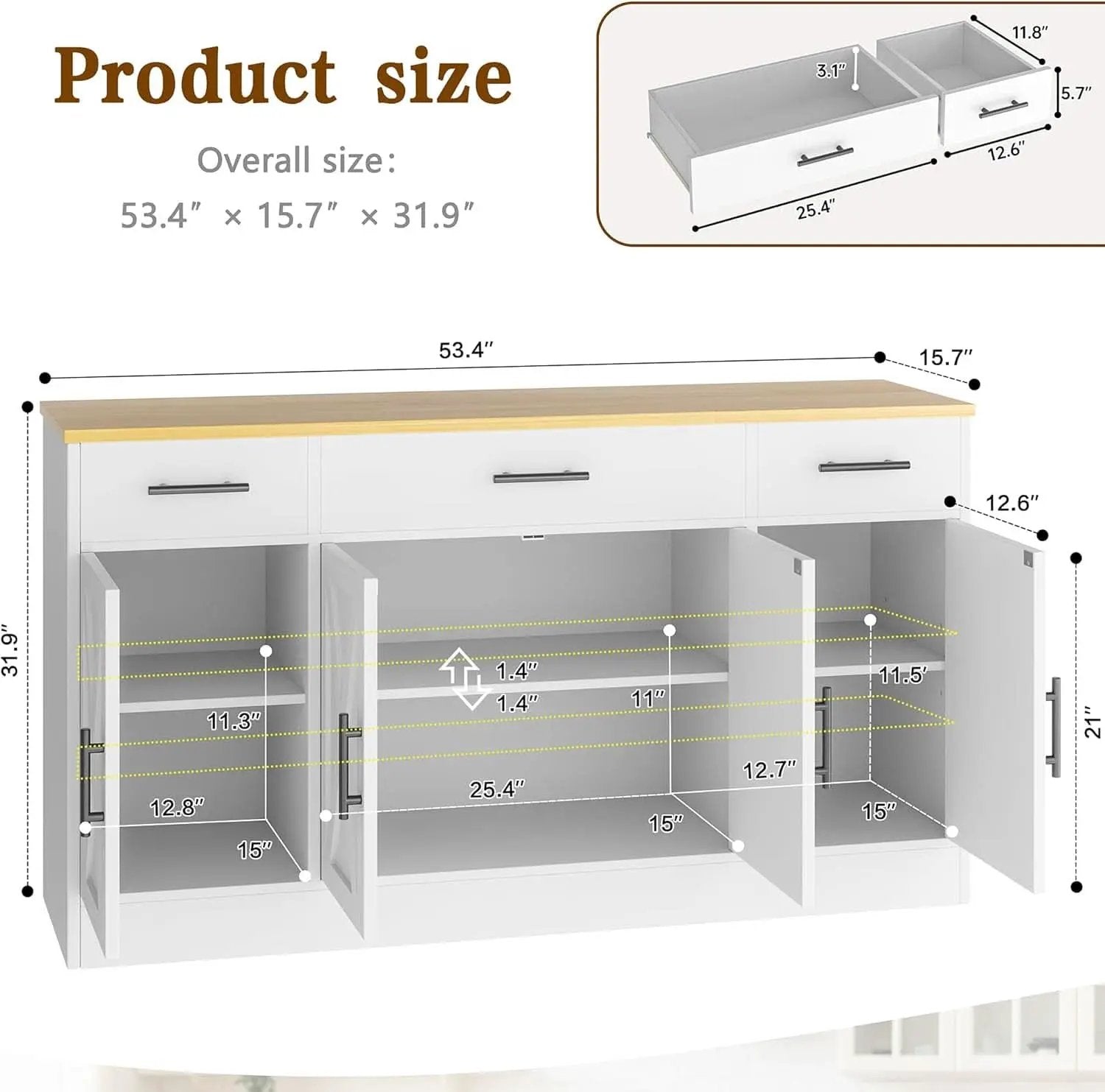 53 Inch White Buffet Cabinet With Drawers For Dining Room from PriceLows™