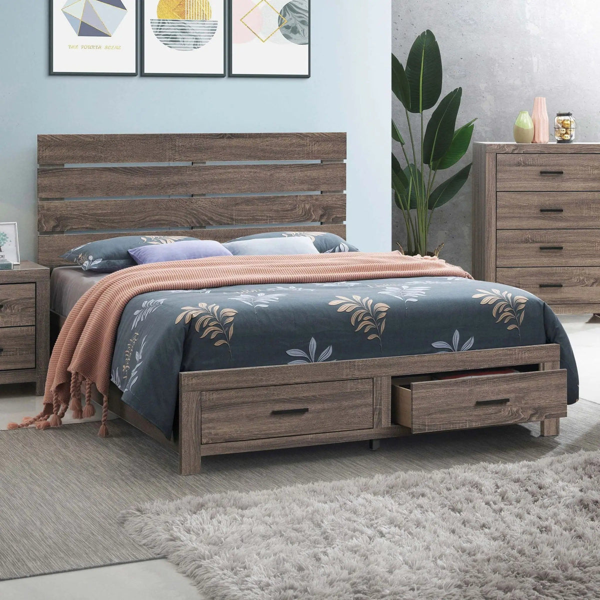 Brantford Wood Queen Storage Panel Bed Barrel | 63 x 85.75 x 48.5 in | Engineered Wood & Veneer | Oak
