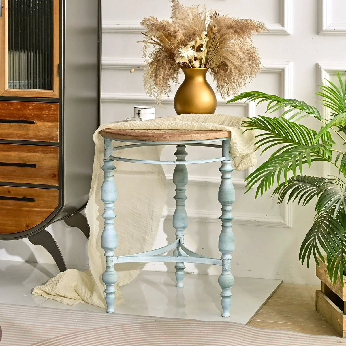 Round Carved Top Coffee Table | 31.5 Inch Diameter | Detachable Metal Legs | Easy Assembly