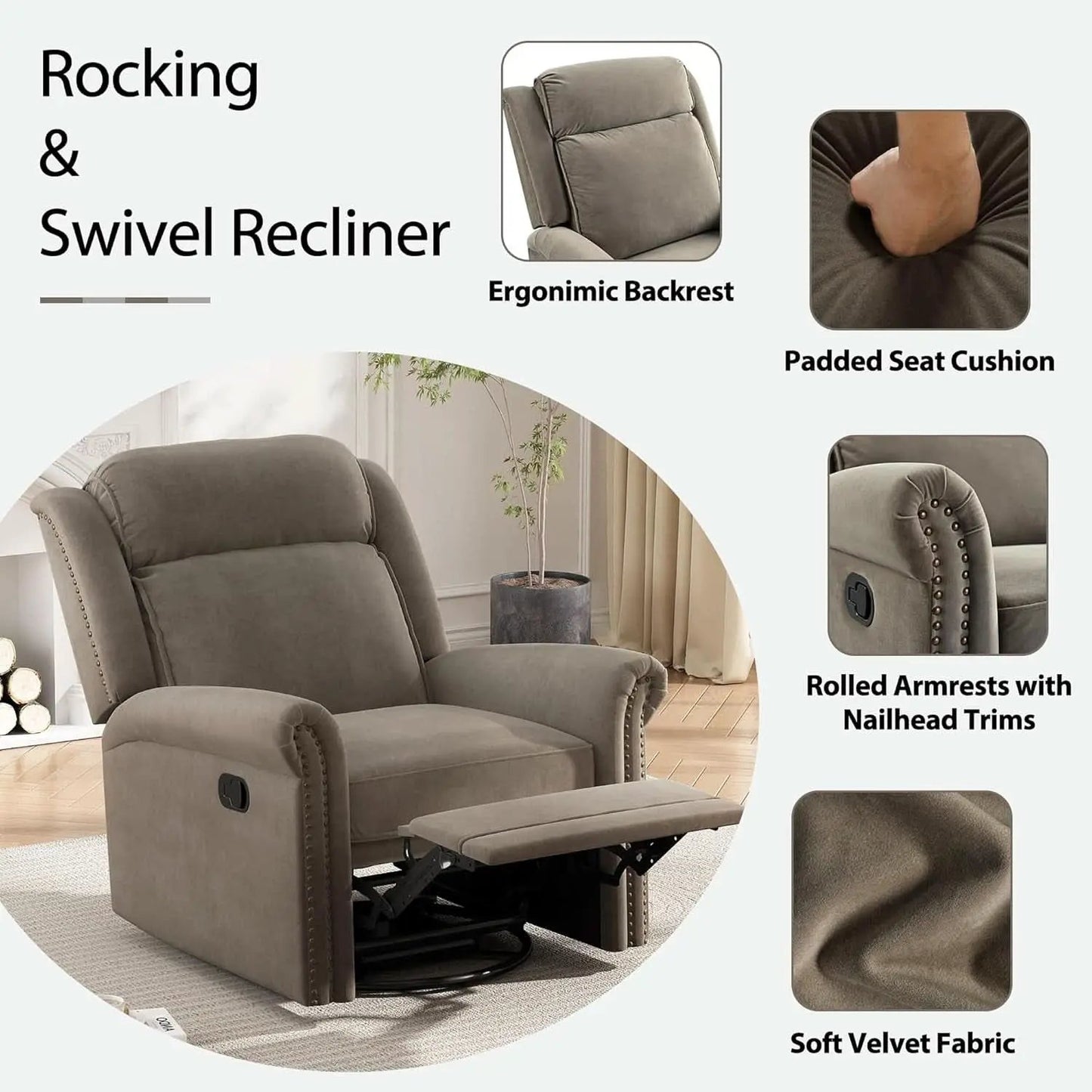 Light Brown Velvet Swivel Rocker Recliner Nailhead Trim from PriceLows™