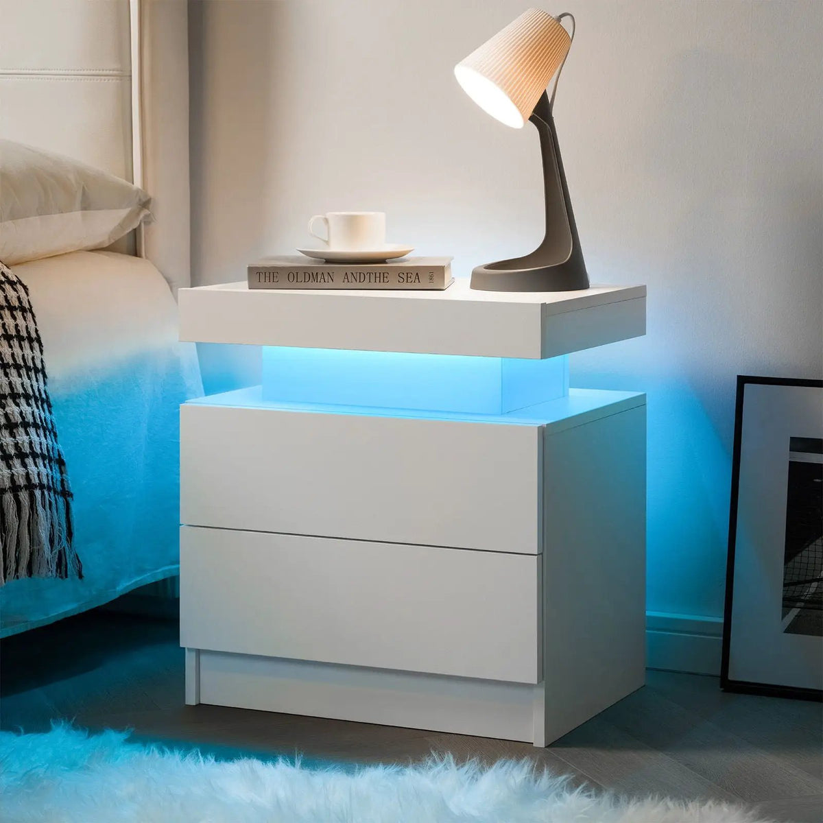 Modern Bedside Table | Adjustable LED Lights | Two Drawers | White