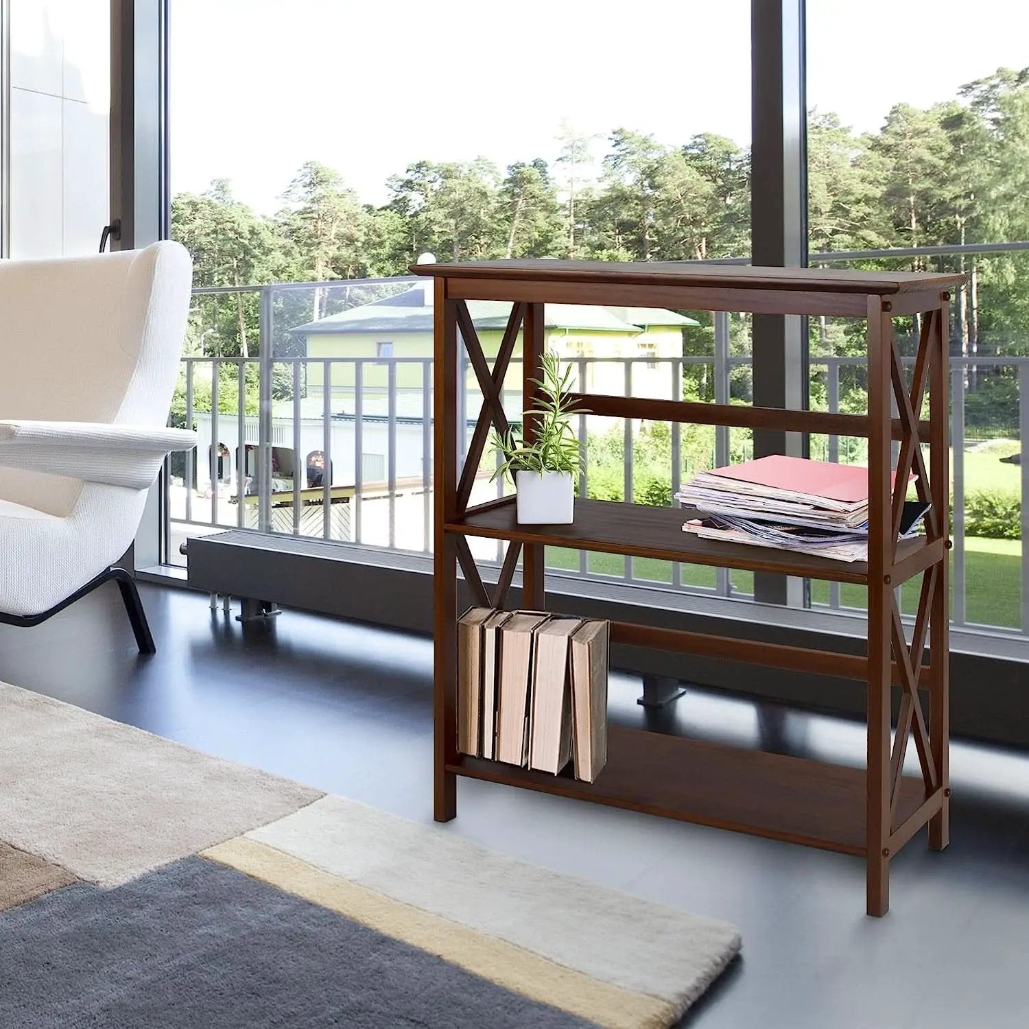Shelf Bookcase With X Design Three Shelf Storage For Books from PriceLows™