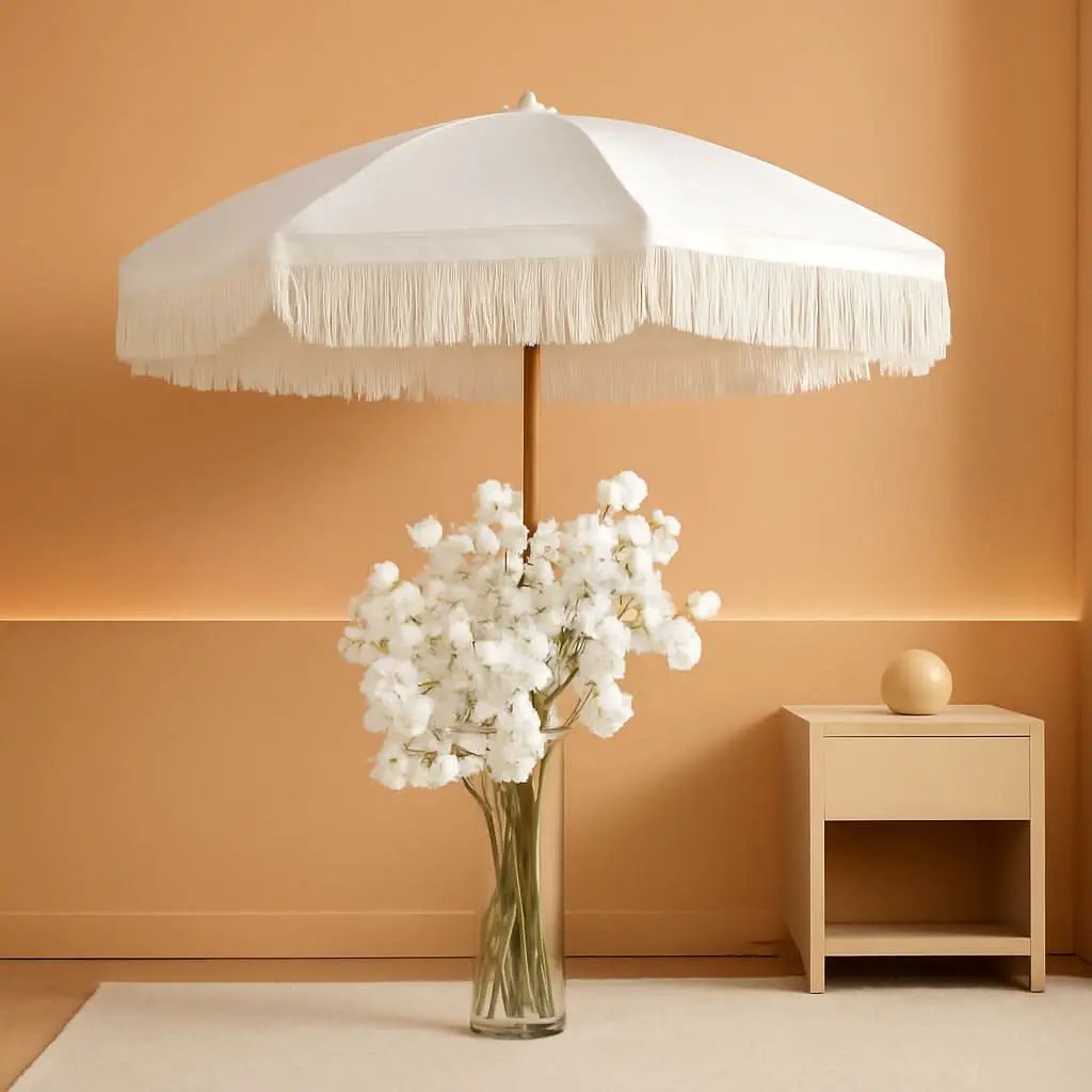 7Ft Fringe Tassel Patio Umbrella White Cream UPF50 Tilt Push Button from PriceLows™