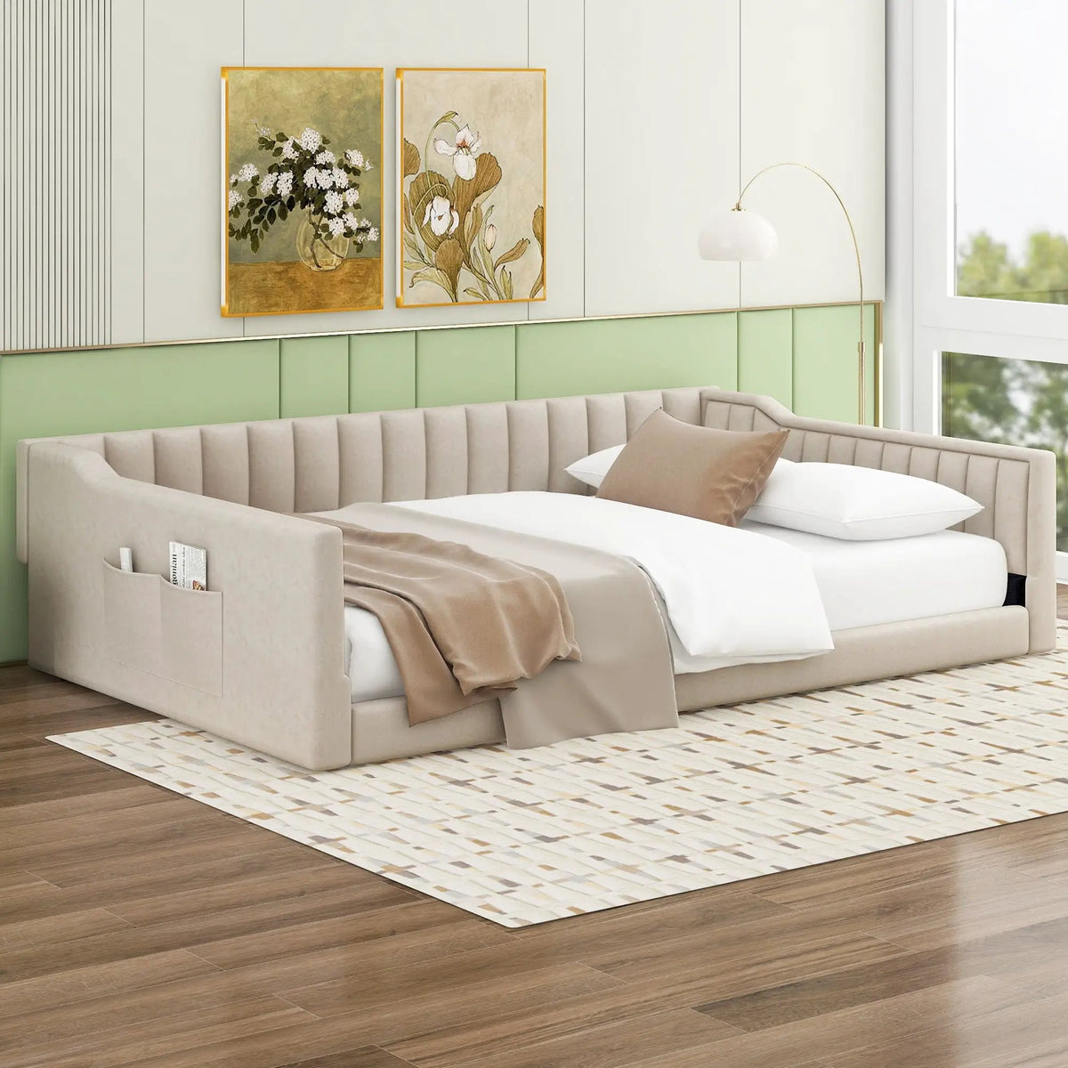 Compact Daybed | Side Storage Pocket | Vertical Stripe Upholstery | 87.8 Inch Length