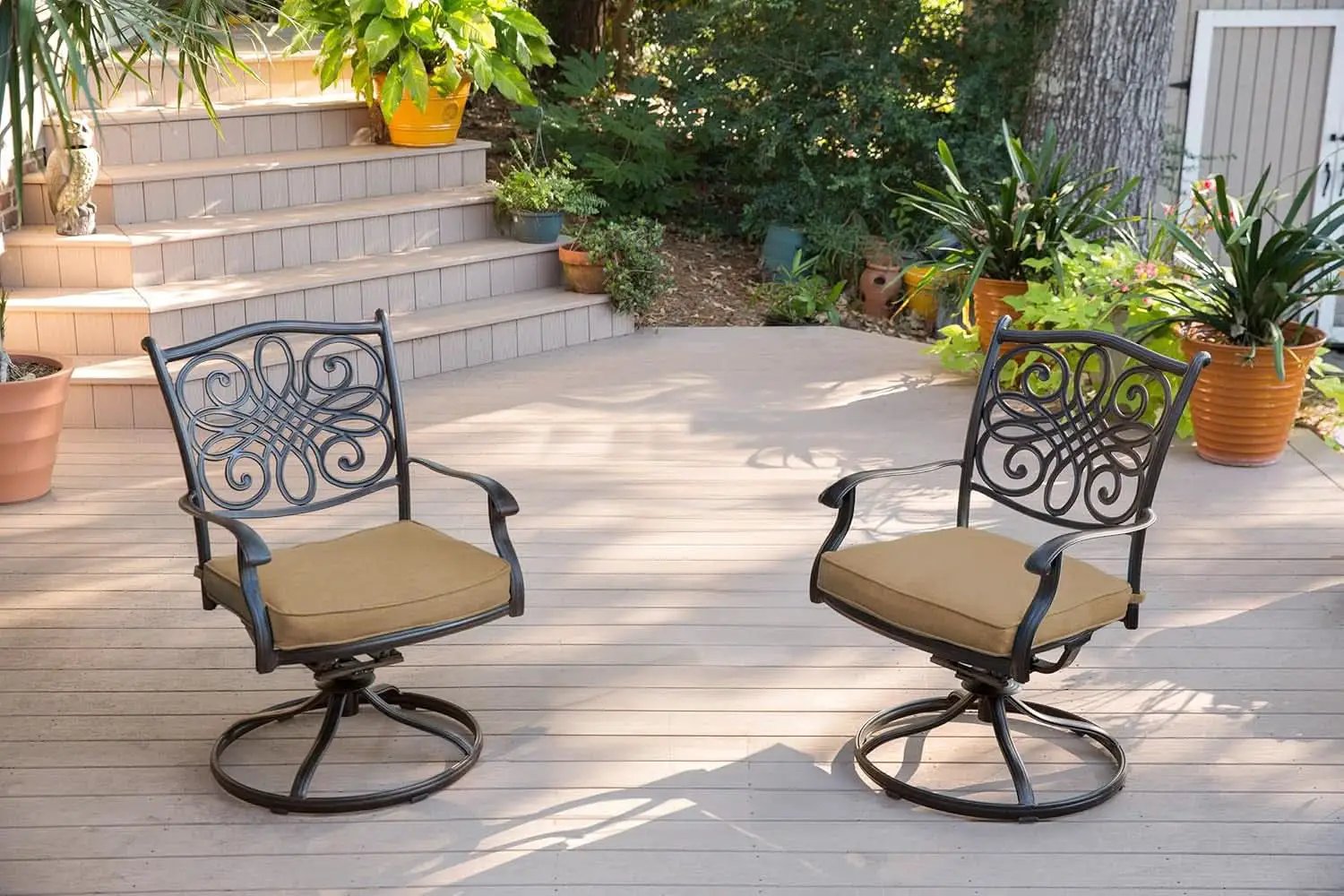 7 Piece Patio Dining Set 6 Swivel Chairs Tan Cushions 38x72 from PriceLows™