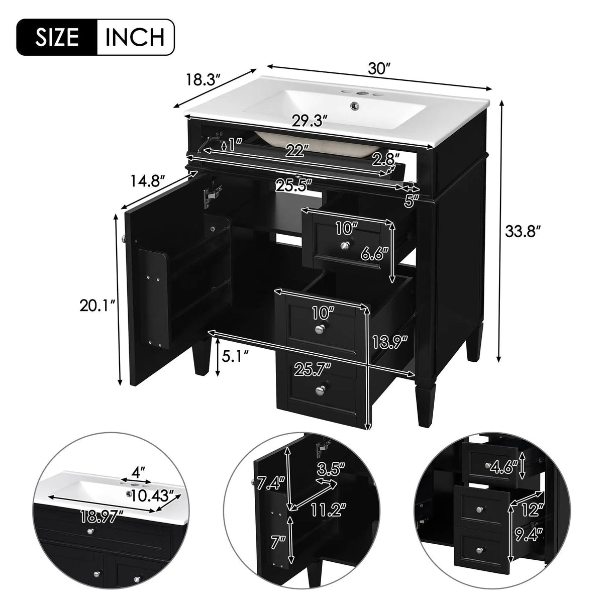 30 Inch Bathroom Vanity With Top Sink | 2 Drawers | Tip-Out Drawer | Vintage-Inspired Handles