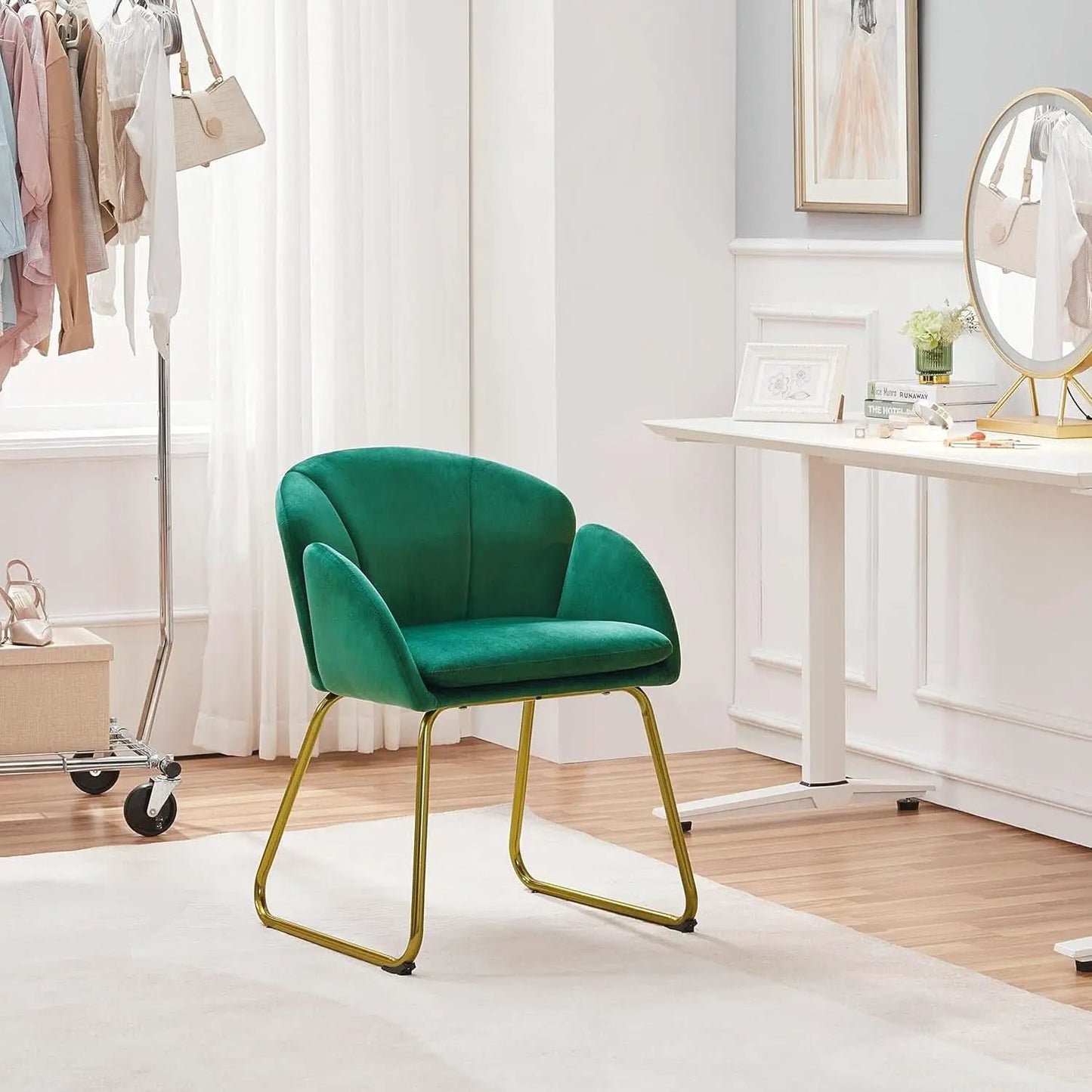 Flower Velvet Vanity Chair Green Upholstery With Gold Legs from PriceLows™