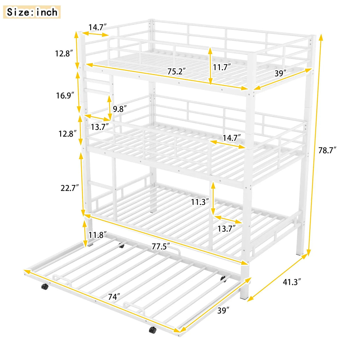 Triple Bunk Bed | Heavy Duty Steel | Built In Trundle | Full Guardrails