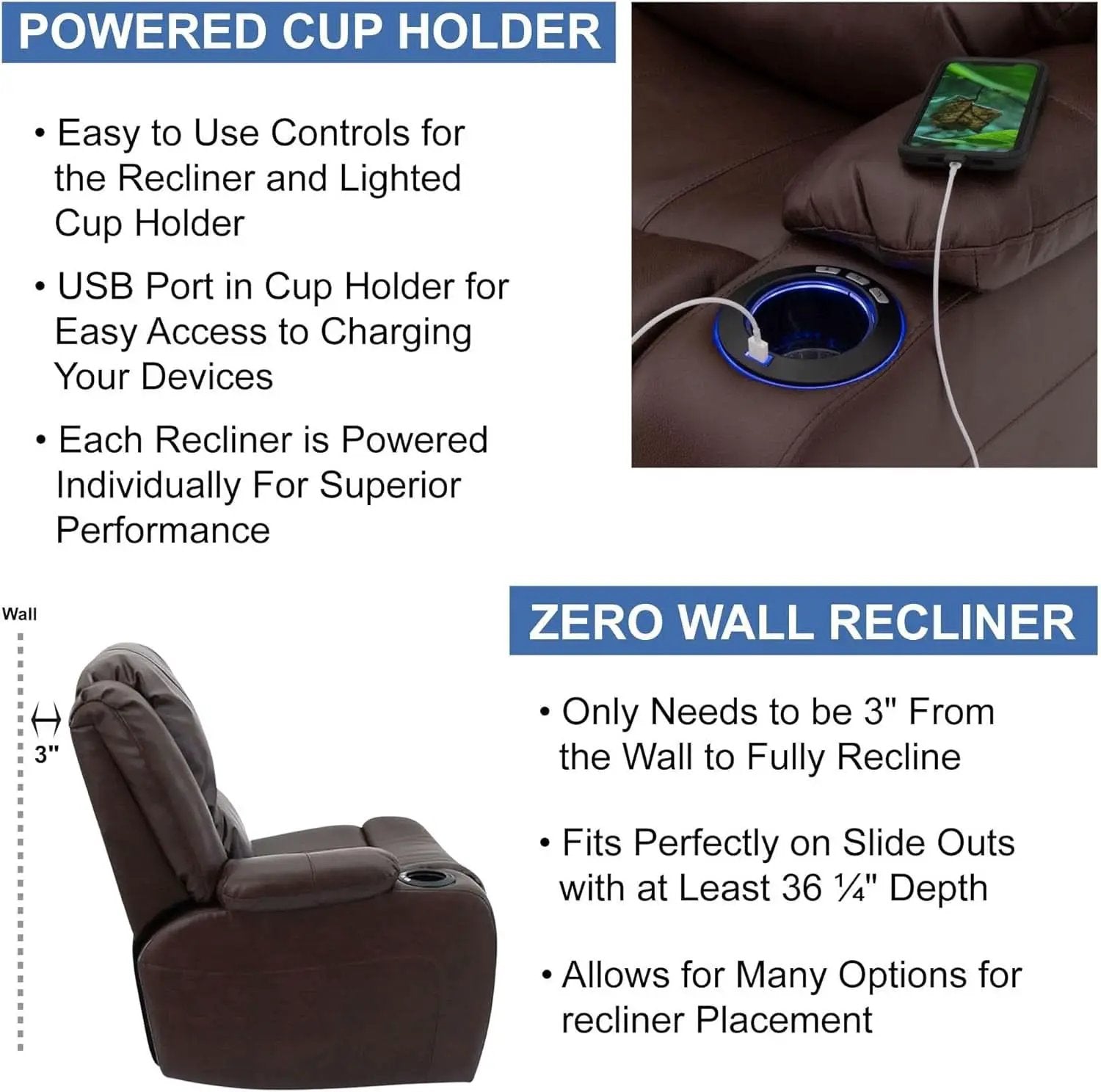 67 Inch Powered RV Wall Hugger Recliner Sofa Mahogany from PriceLows™
