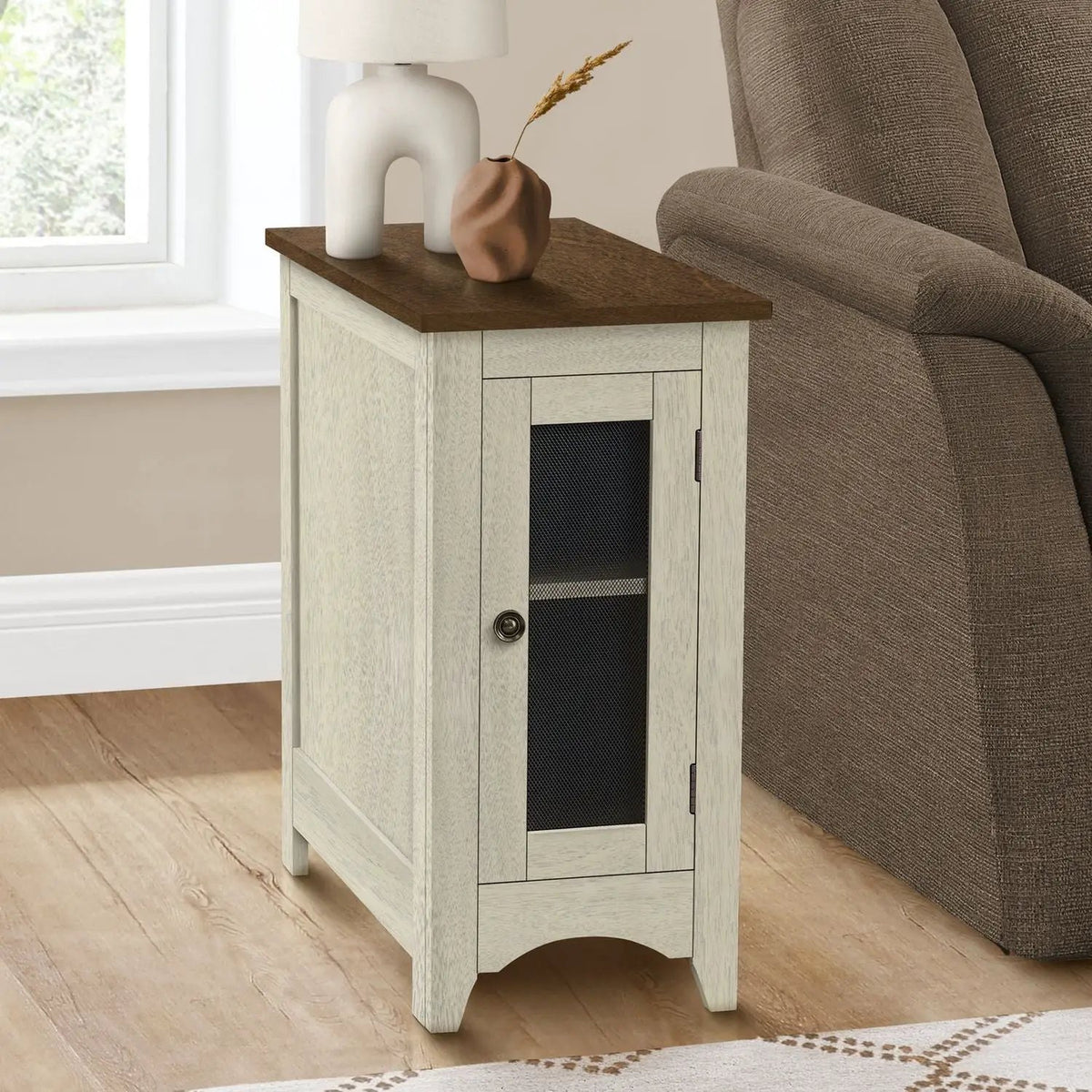 Narrow Accent End Table | Transitional Style | Closed Cabinet | Round Metal Knob