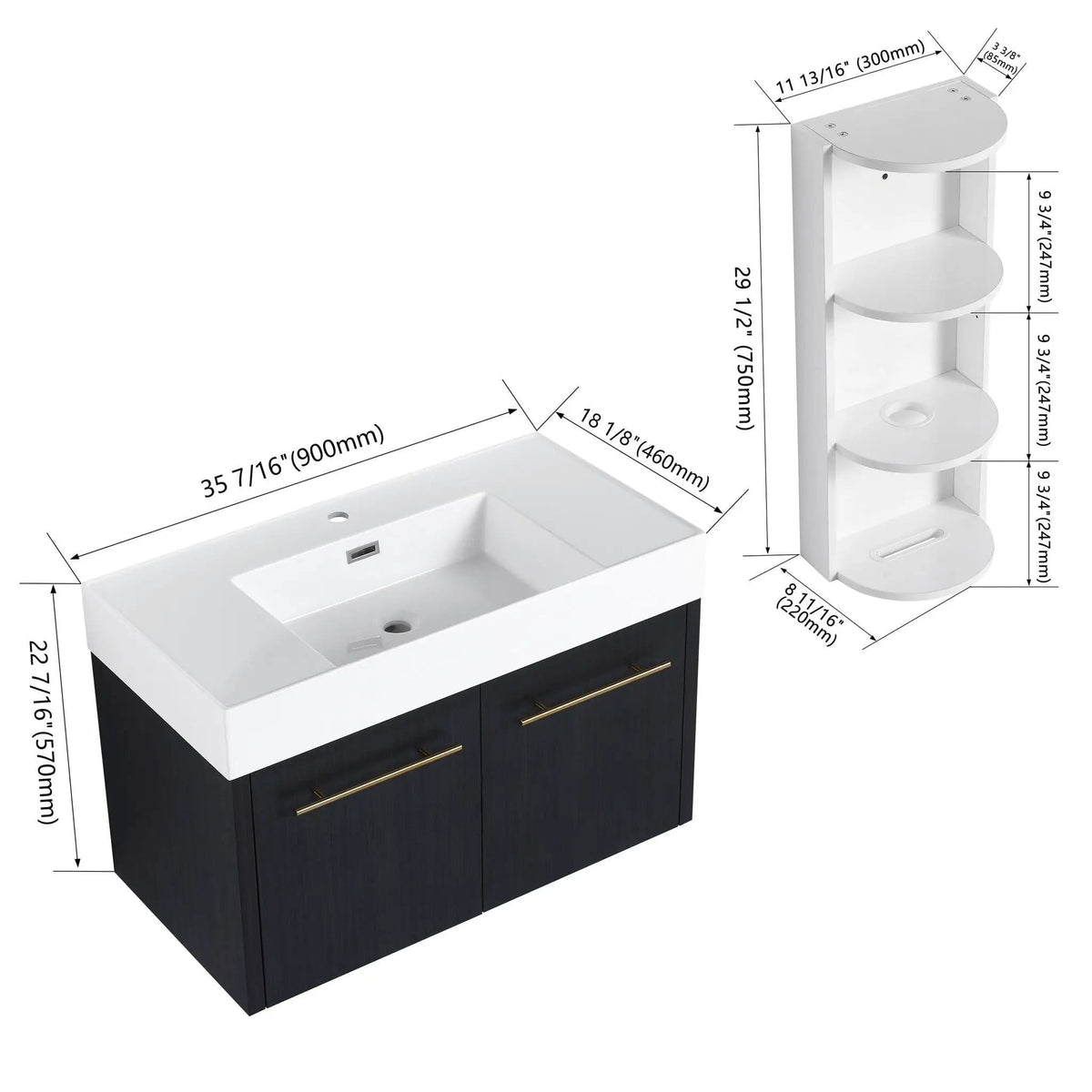 Modern Wall Mounted Bathroom Vanity With Thick Edge Resin Sink And Storage Rack | 3 Pieces | Stainless Steel & Plywood | Bathroom