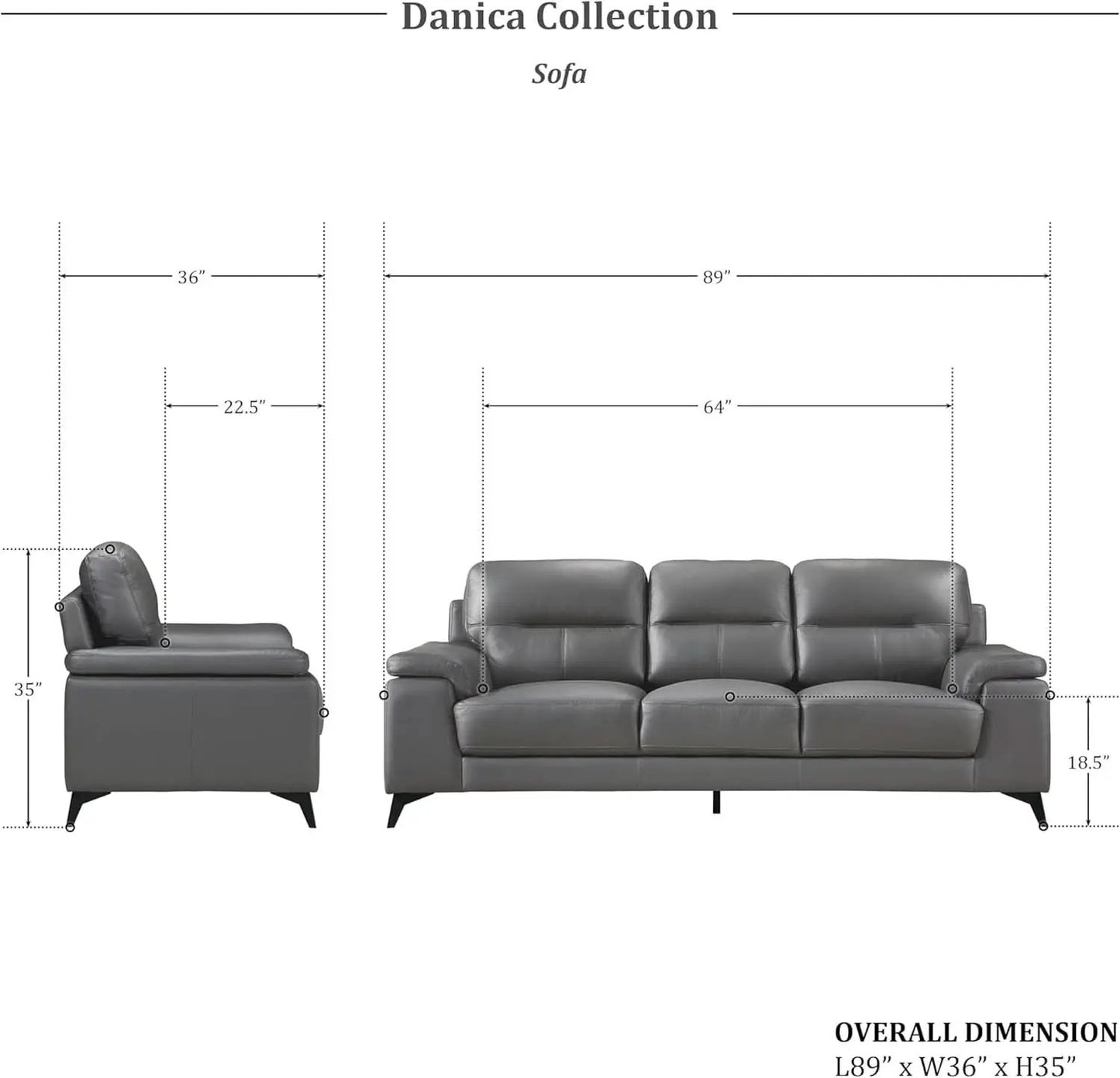 Top Grain Leather Two Piece Living Room Sofa Set Dark Gray from PriceLows™