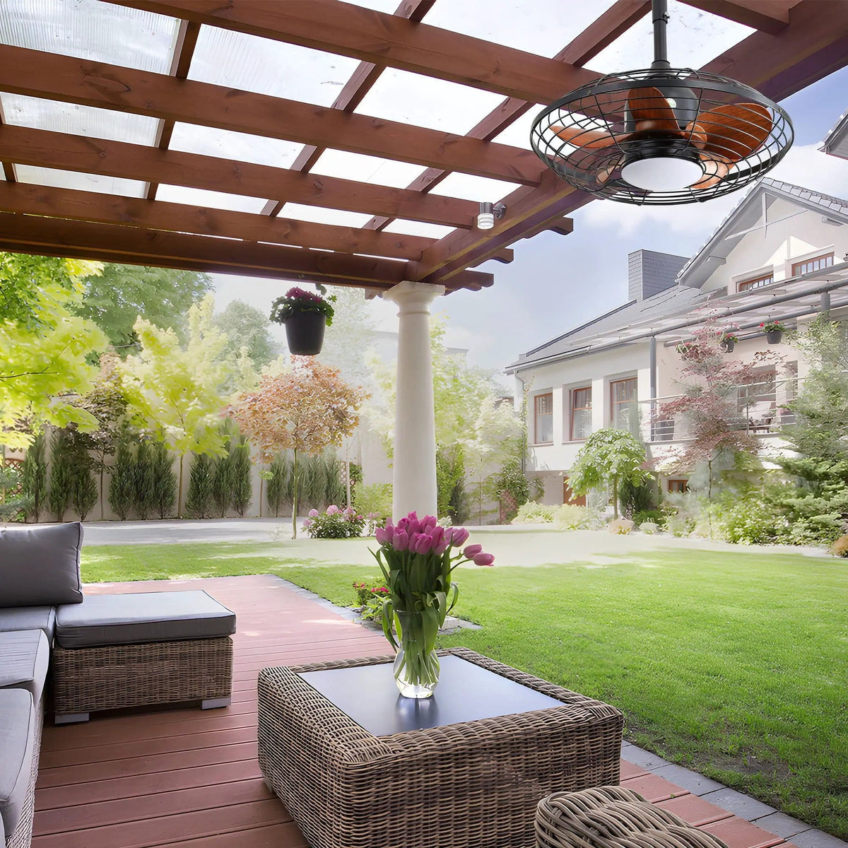 Outdoor Ceiling Fan With DC Motor And LED Light, Blades, Reversible For Patios - | 20 x 20 x 19 in | Outdoor Living Furniture | Black