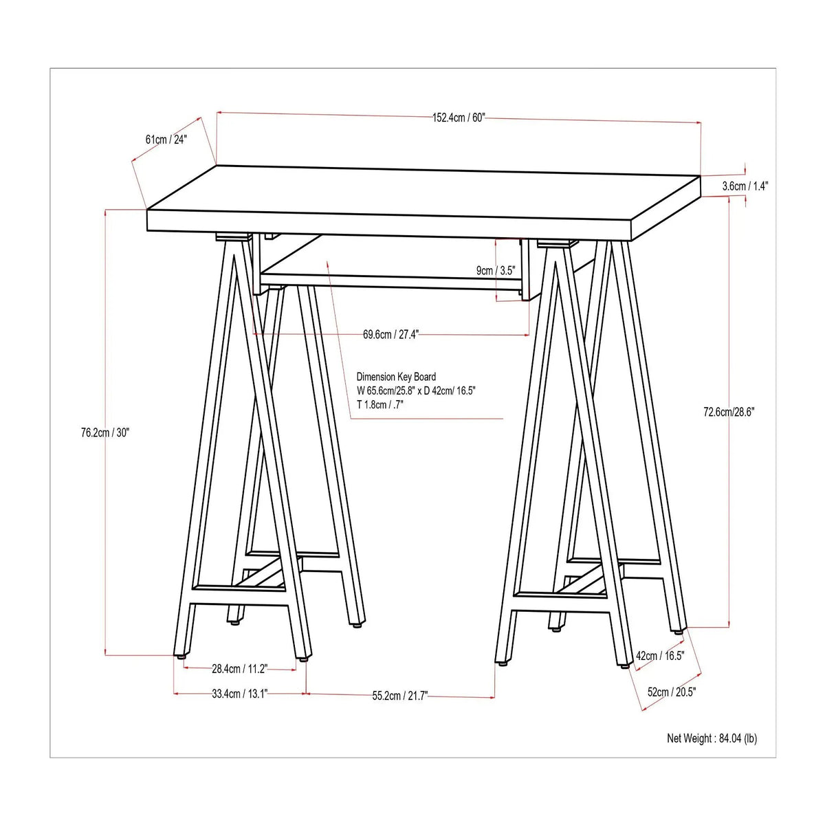 Sawhorse Handcrafted Solid Desk | Walnut Veneer And Solid Wood | Extra Thick Tabletop | 60 Inch Length