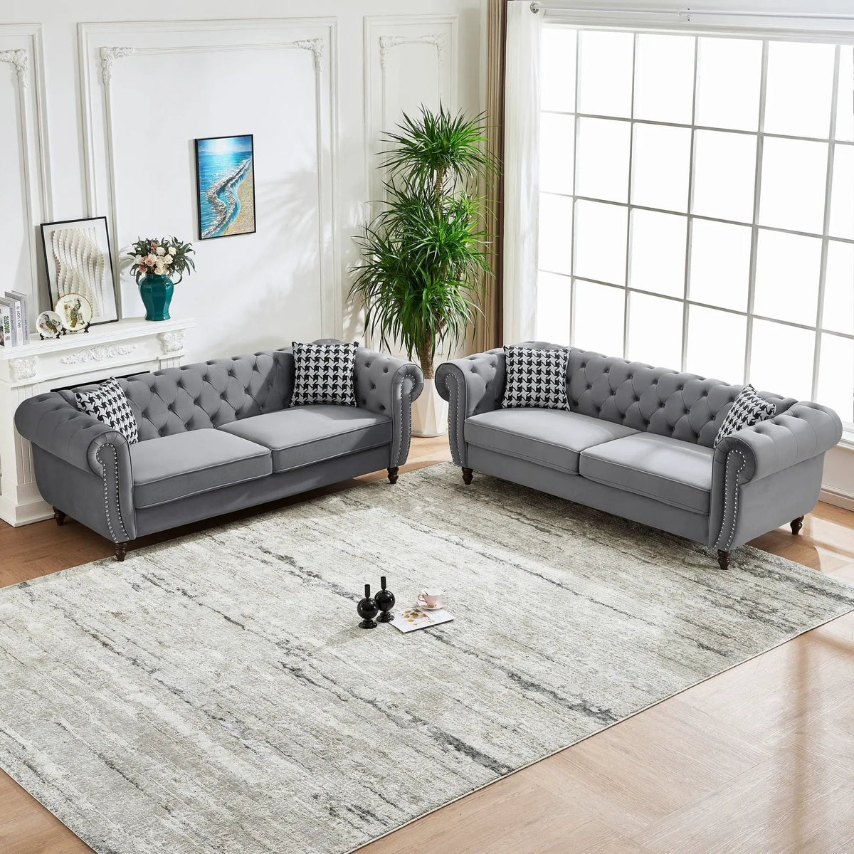 Chesterfield Fabric Sofa | Rolling Arms | Nailhead Trim | 3 Seater