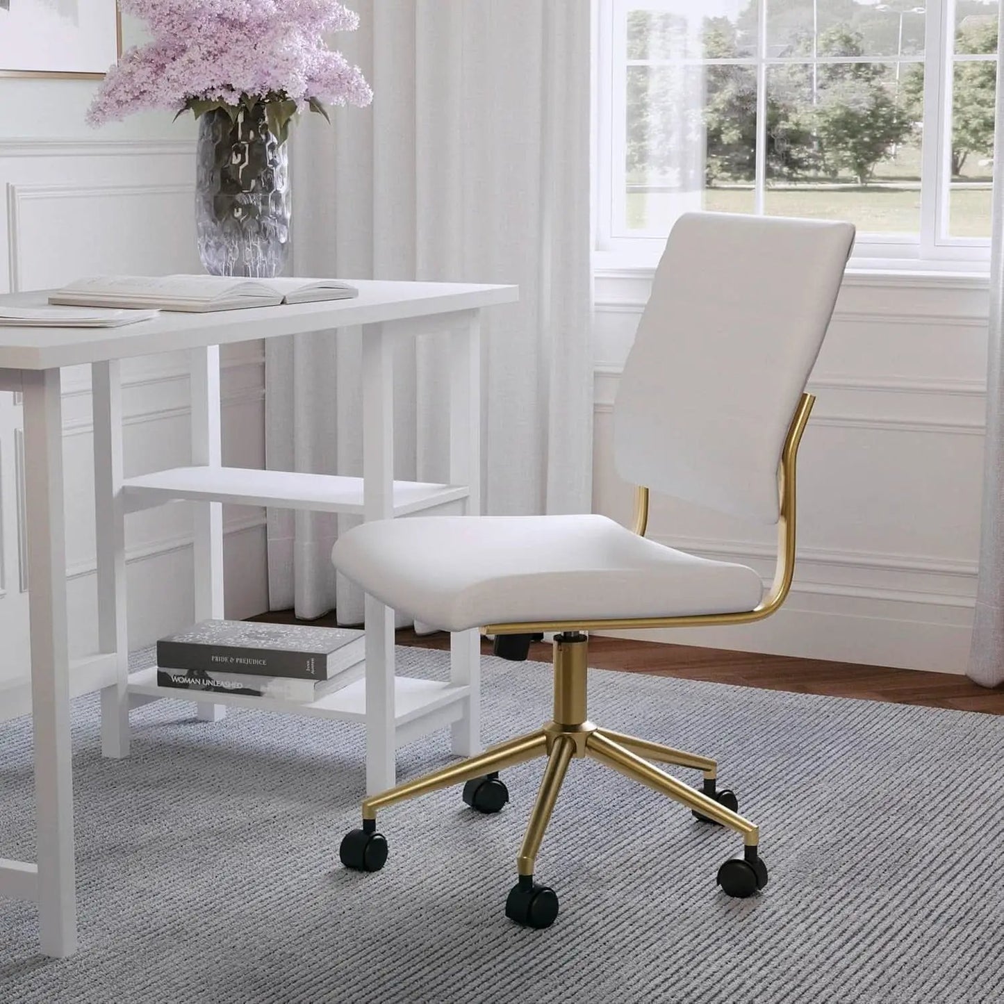 White Faux Leather Armless Swivel Chair Brass Frame from PriceLows™