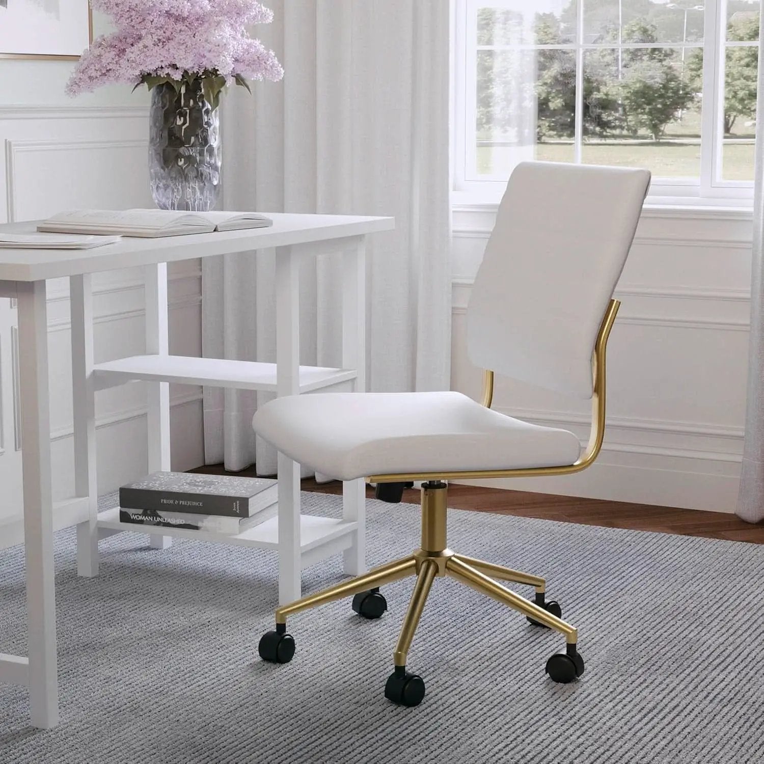 White Faux Leather Armless Swivel Chair Brass Frame from PriceLows™